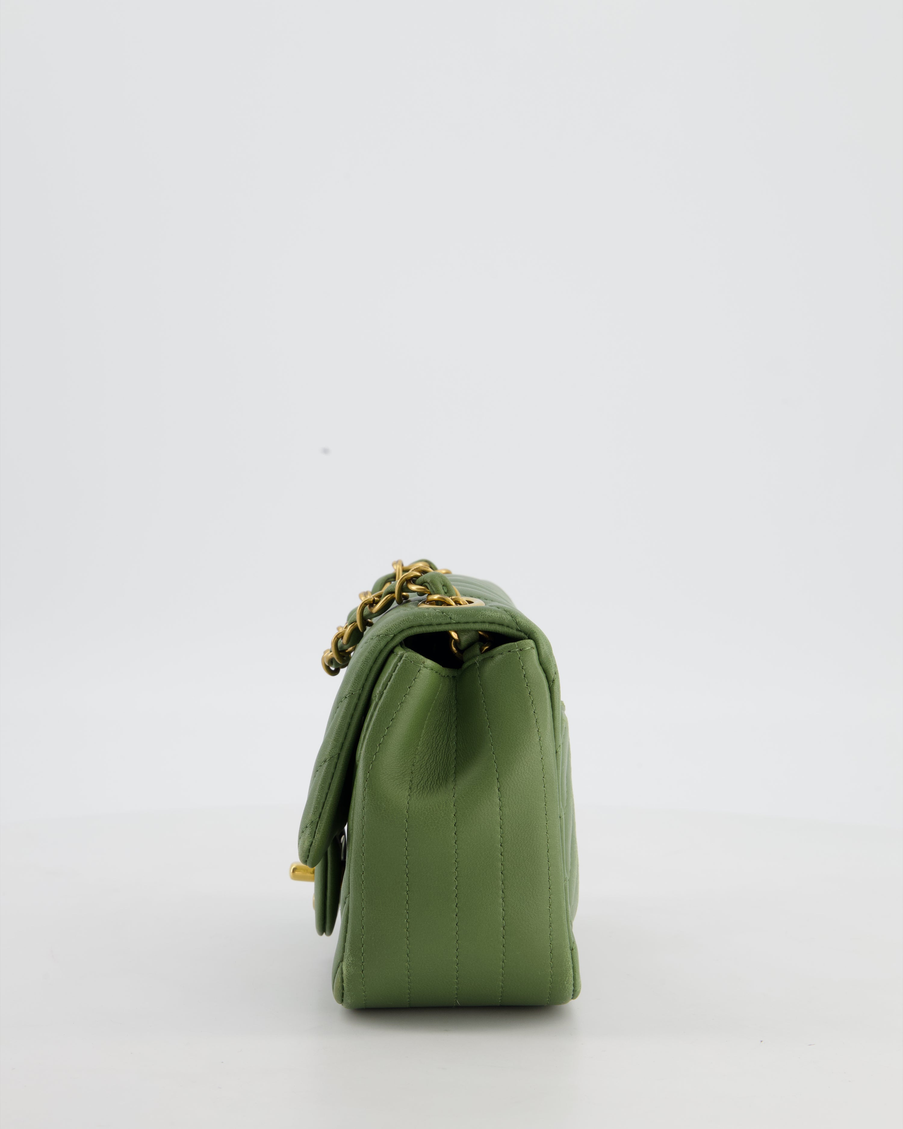 Chanel Olive Green Chevron Lambskin Leather Mini Square Classic Flap Bag with Gold Hardware