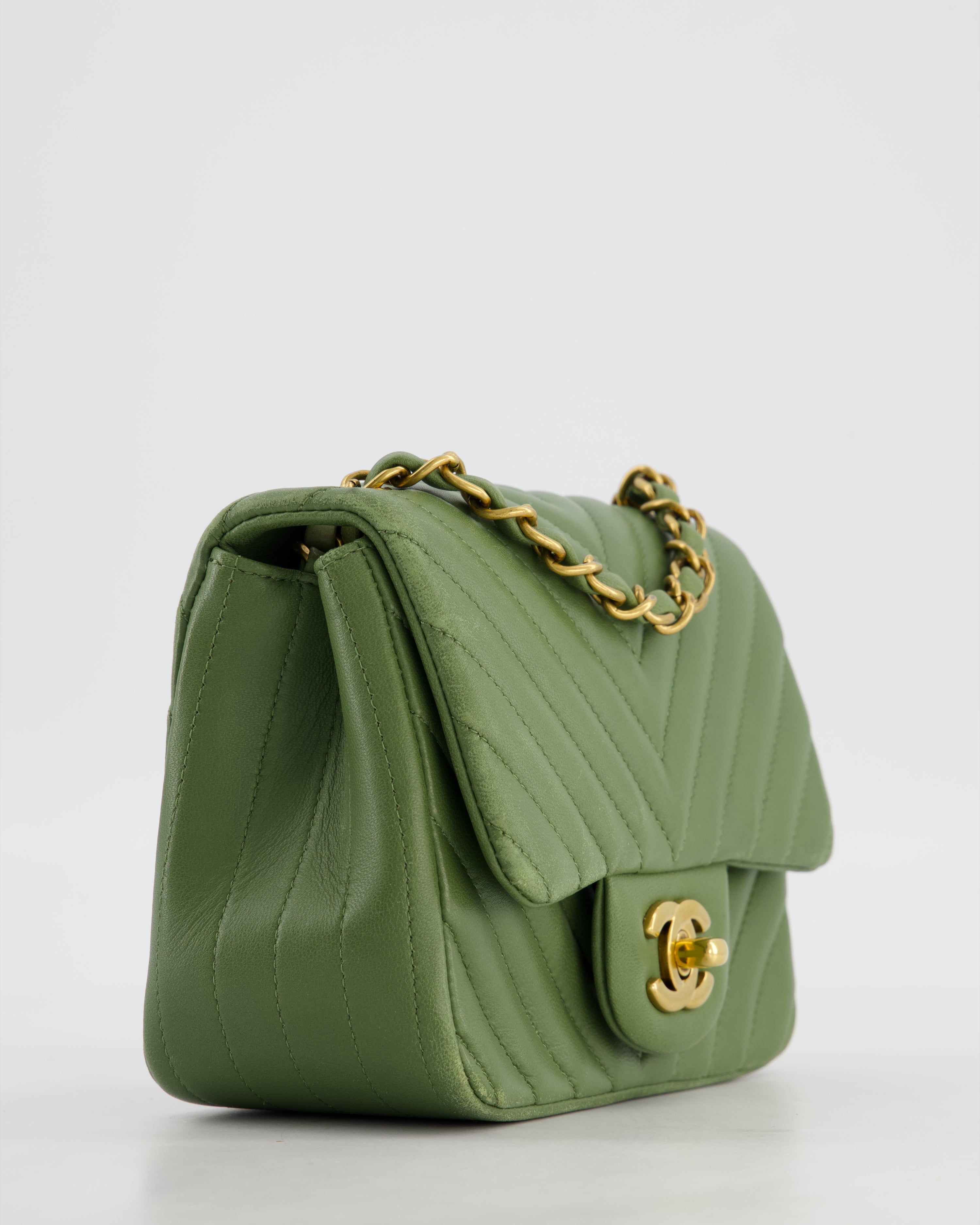 Chanel Olive Green Chevron Lambskin Leather Mini Square Classic Flap Bag with Gold Hardware