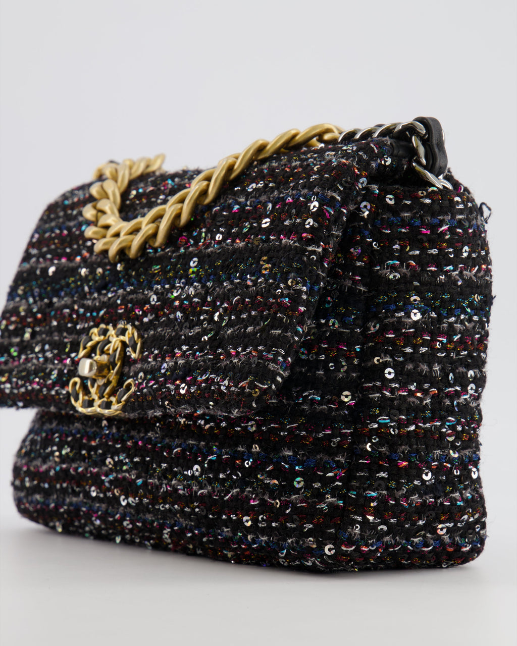 Chanel Small 19 Flap Bag in Black Tweed and Multicolour Sequins with Mixed Hardware