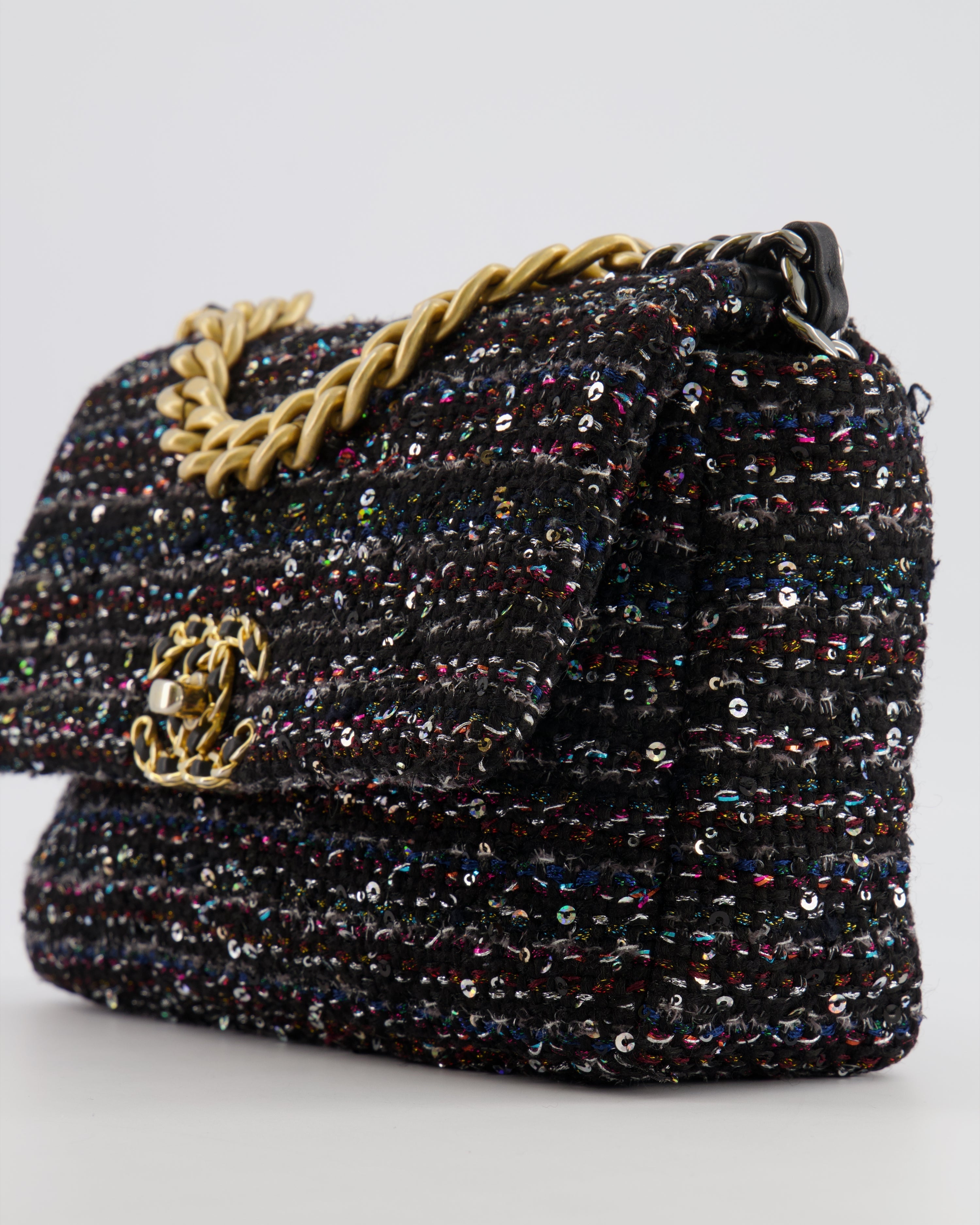 Chanel Small 19 Flap Bag in Black Tweed and Multicolour Sequins with Mixed Hardware