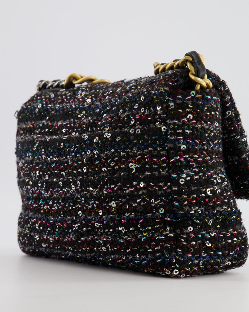 Chanel Small 19 Flap Bag in Black Tweed and Multicolour Sequins with Mixed Hardware
