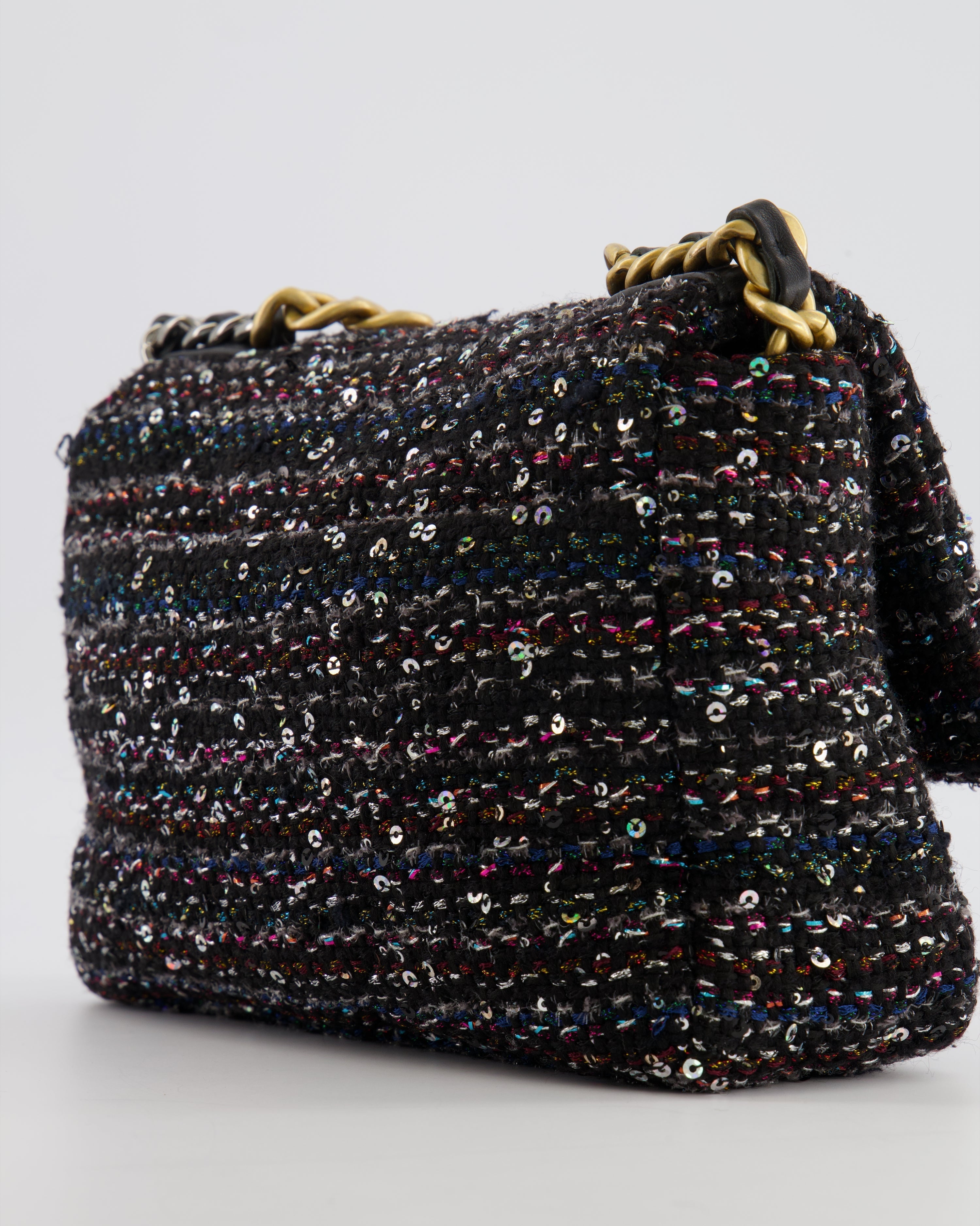 Chanel Small 19 Flap Bag in Black Tweed and Multicolour Sequins with Mixed Hardware