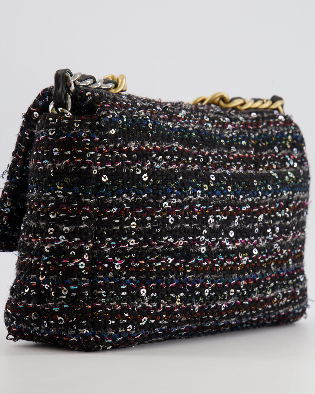 Chanel Small 19 Flap Bag in Black Tweed and Multicolour Sequins with Mixed Hardware