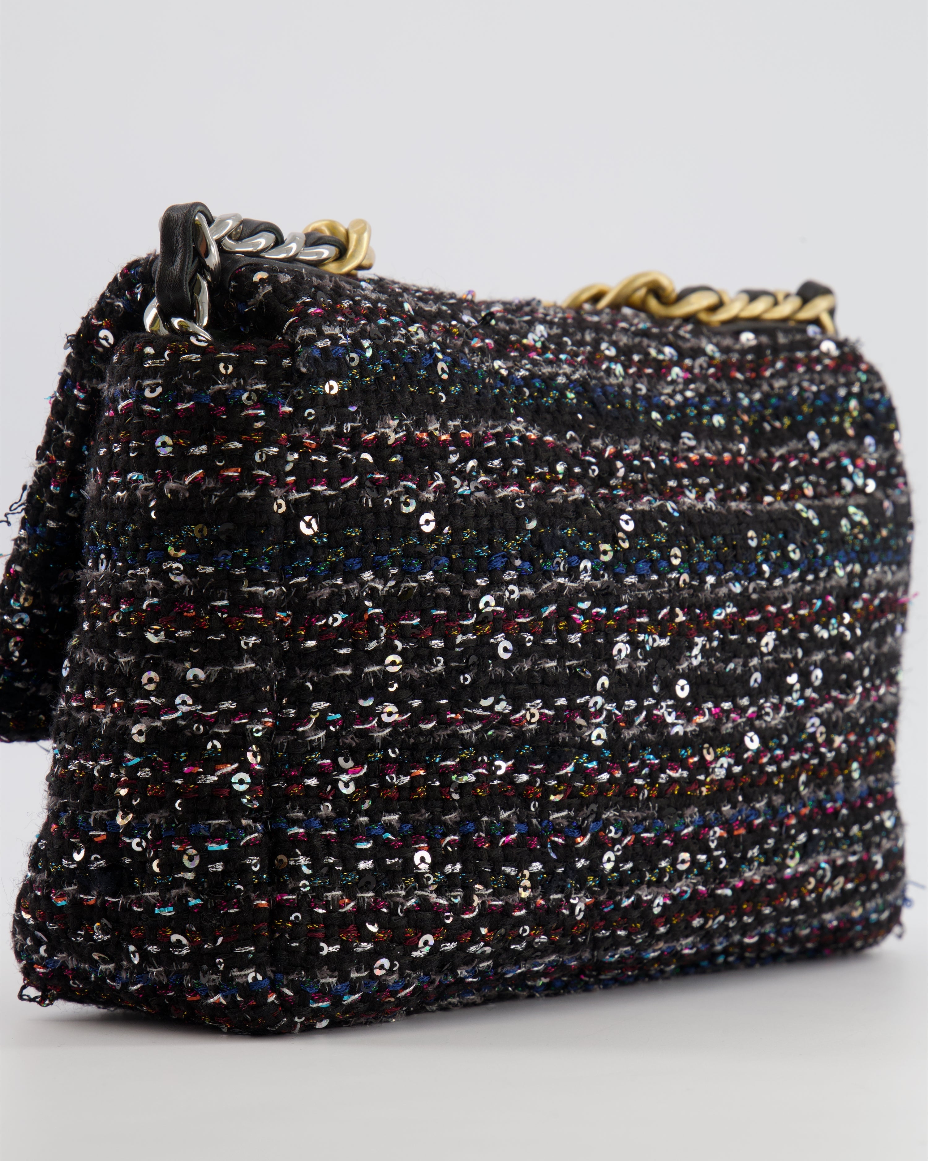 Chanel Small 19 Flap Bag in Black Tweed and Multicolour Sequins with Mixed Hardware