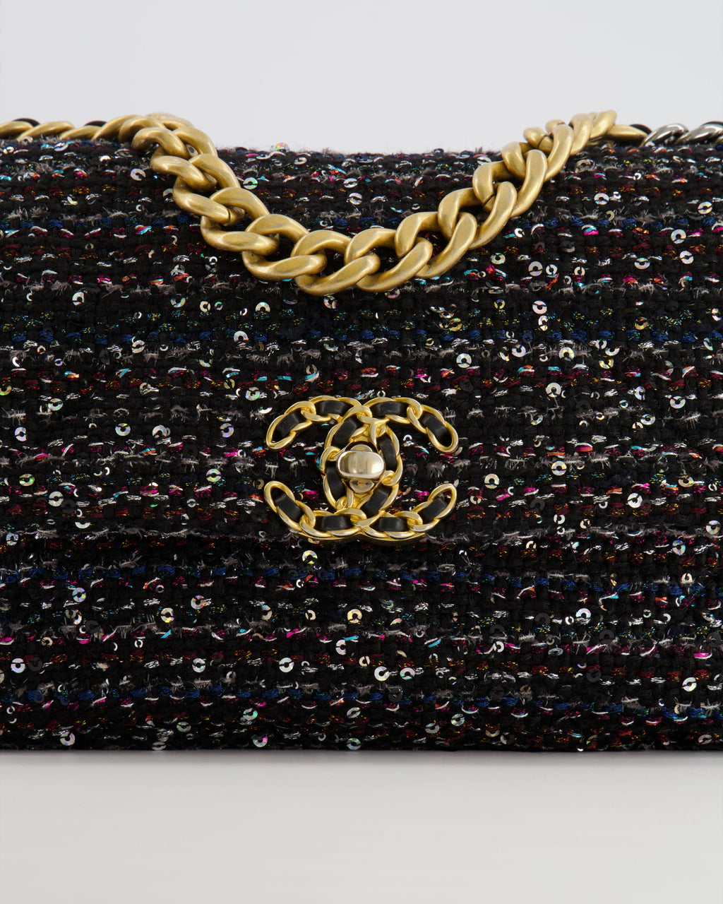 Chanel Small 19 Flap Bag in Black Tweed and Multicolour Sequins with Mixed Hardware