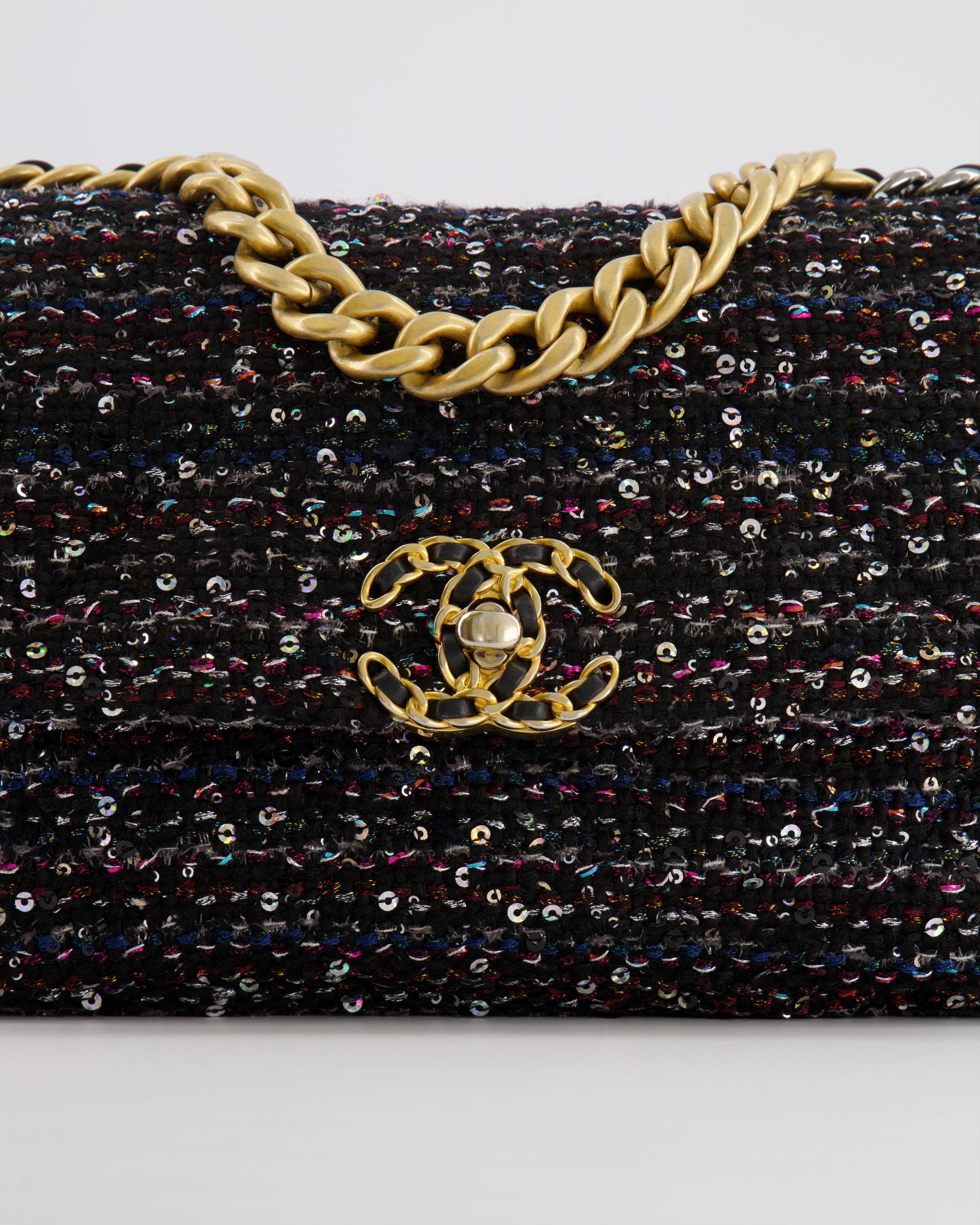 Chanel Small 19 Flap Bag in Black Tweed and Multicolour Sequins with Mixed Hardware
