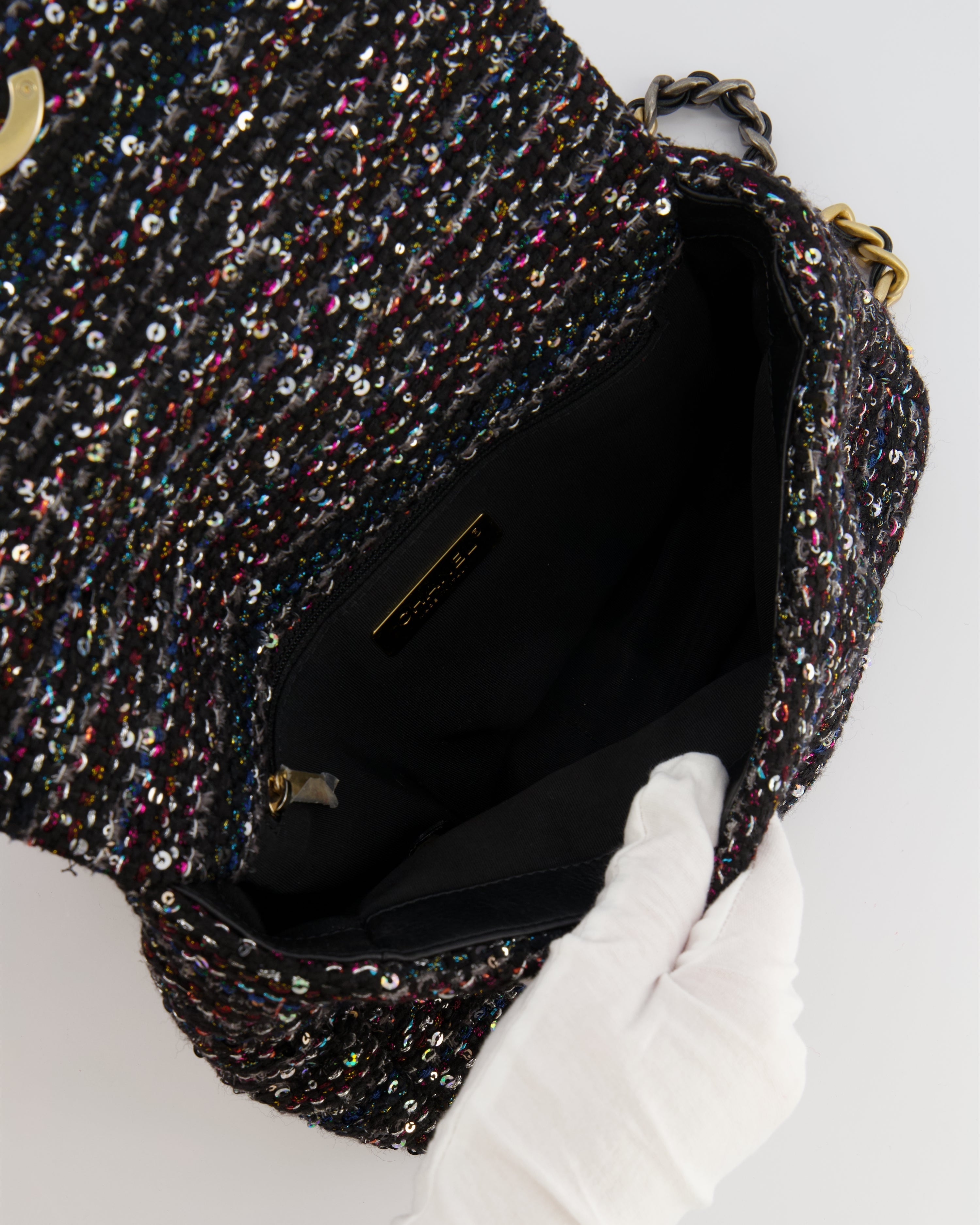 Chanel Small 19 Flap Bag in Black Tweed and Multicolour Sequins with Mixed Hardware
