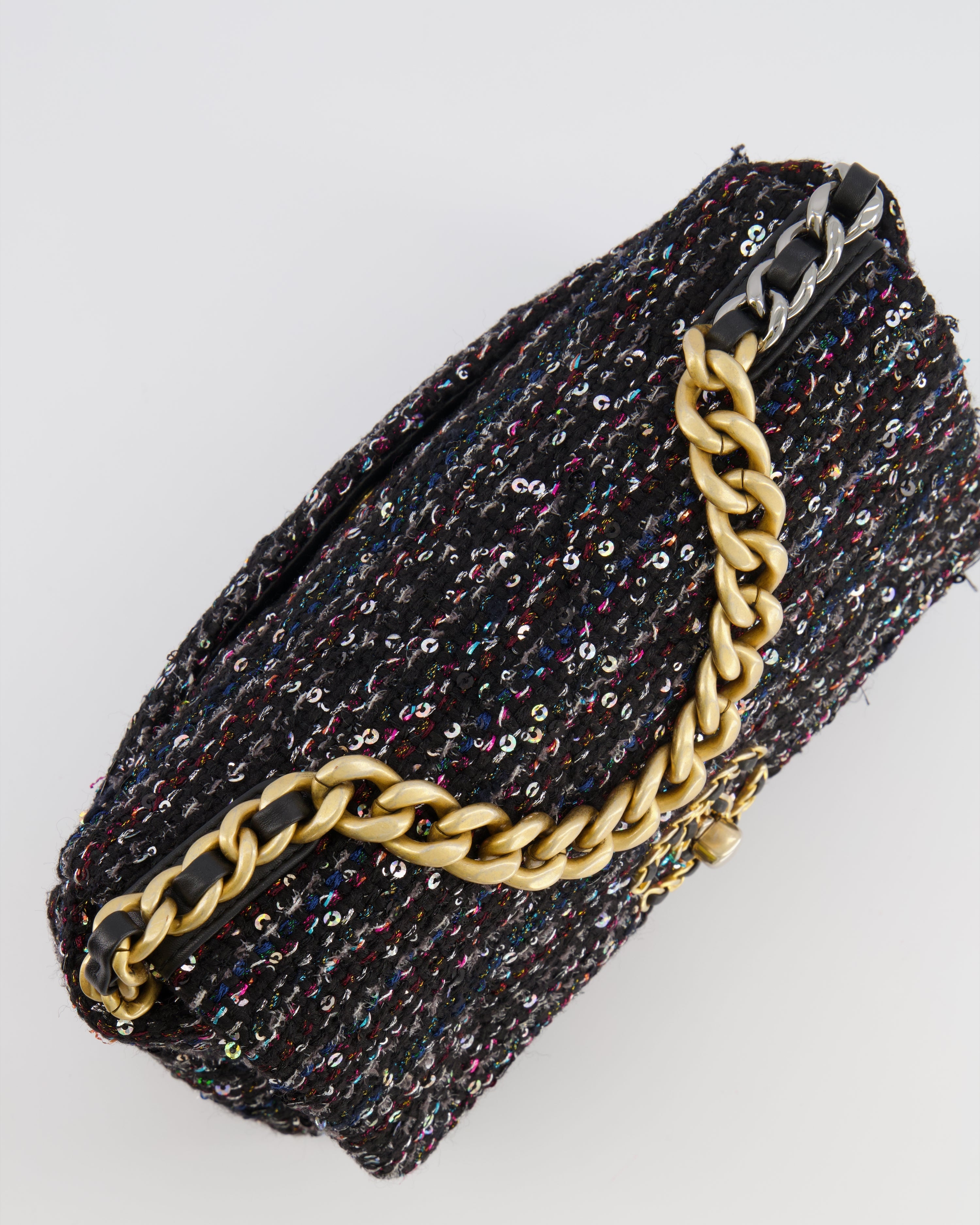 Chanel Small 19 Flap Bag in Black Tweed and Multicolour Sequins with Mixed Hardware