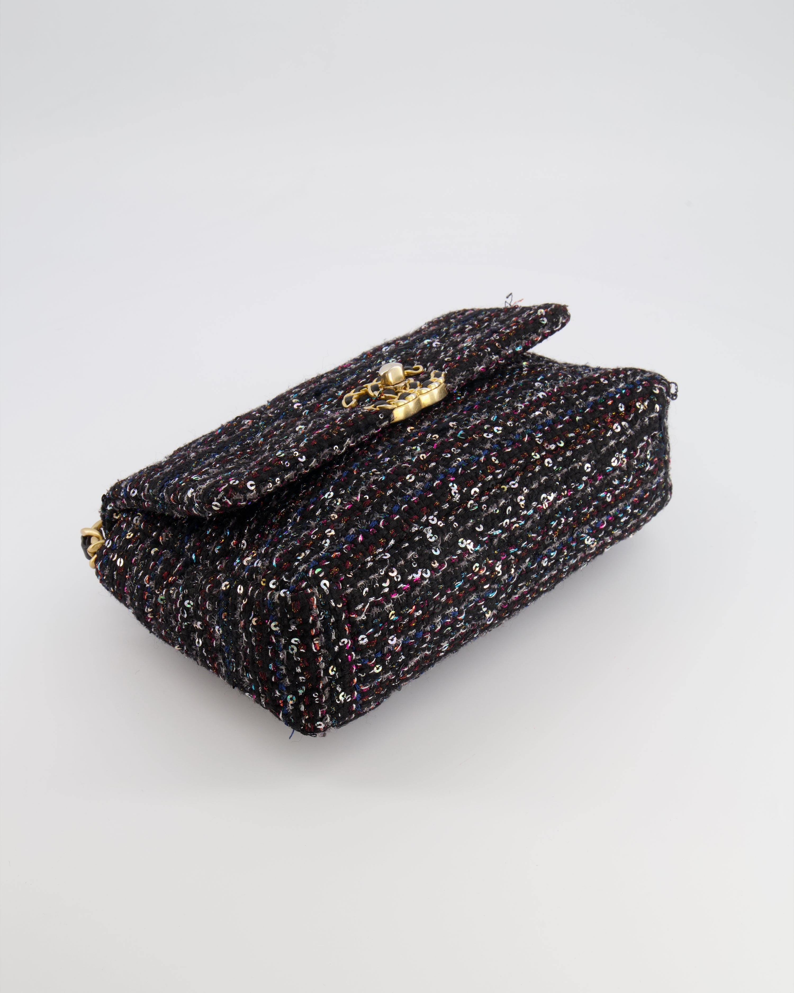 Chanel Small 19 Flap Bag in Black Tweed and Multicolour Sequins with Mixed Hardware