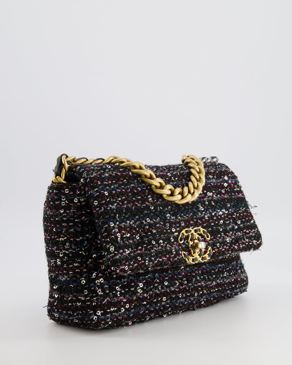 Chanel Small 19 Flap Bag in Black Tweed and Multicolour Sequins with Mixed Hardware