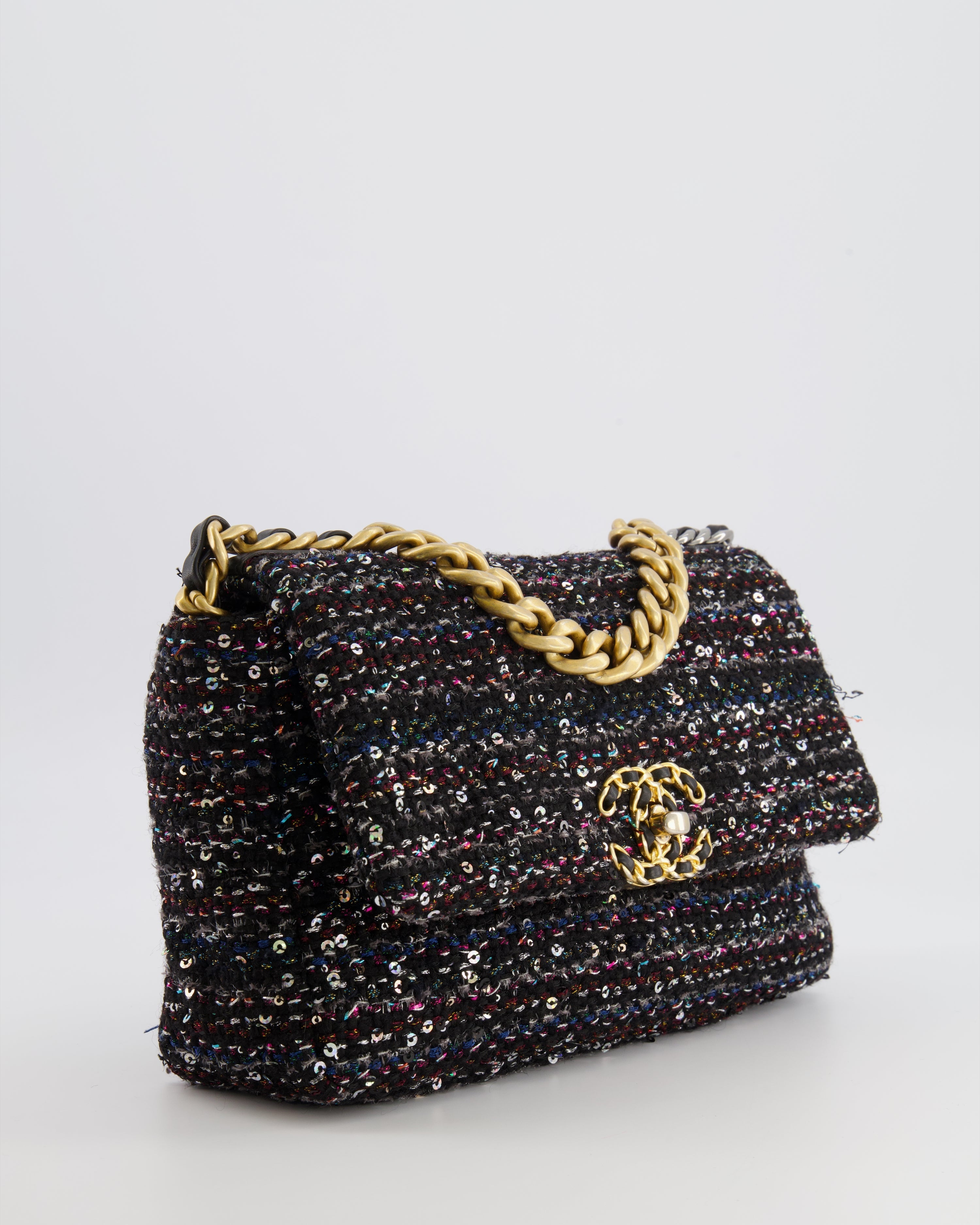 Chanel Small 19 Flap Bag in Black Tweed and Multicolour Sequins with Mixed Hardware