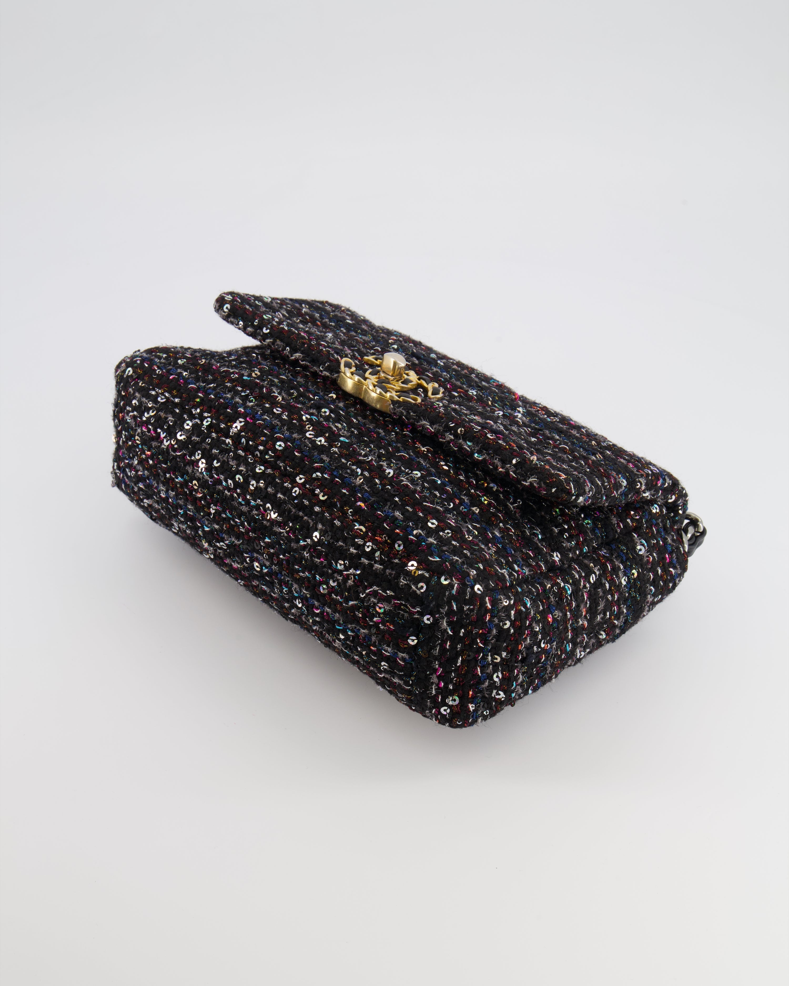 Chanel Small 19 Flap Bag in Black Tweed and Multicolour Sequins with Mixed Hardware