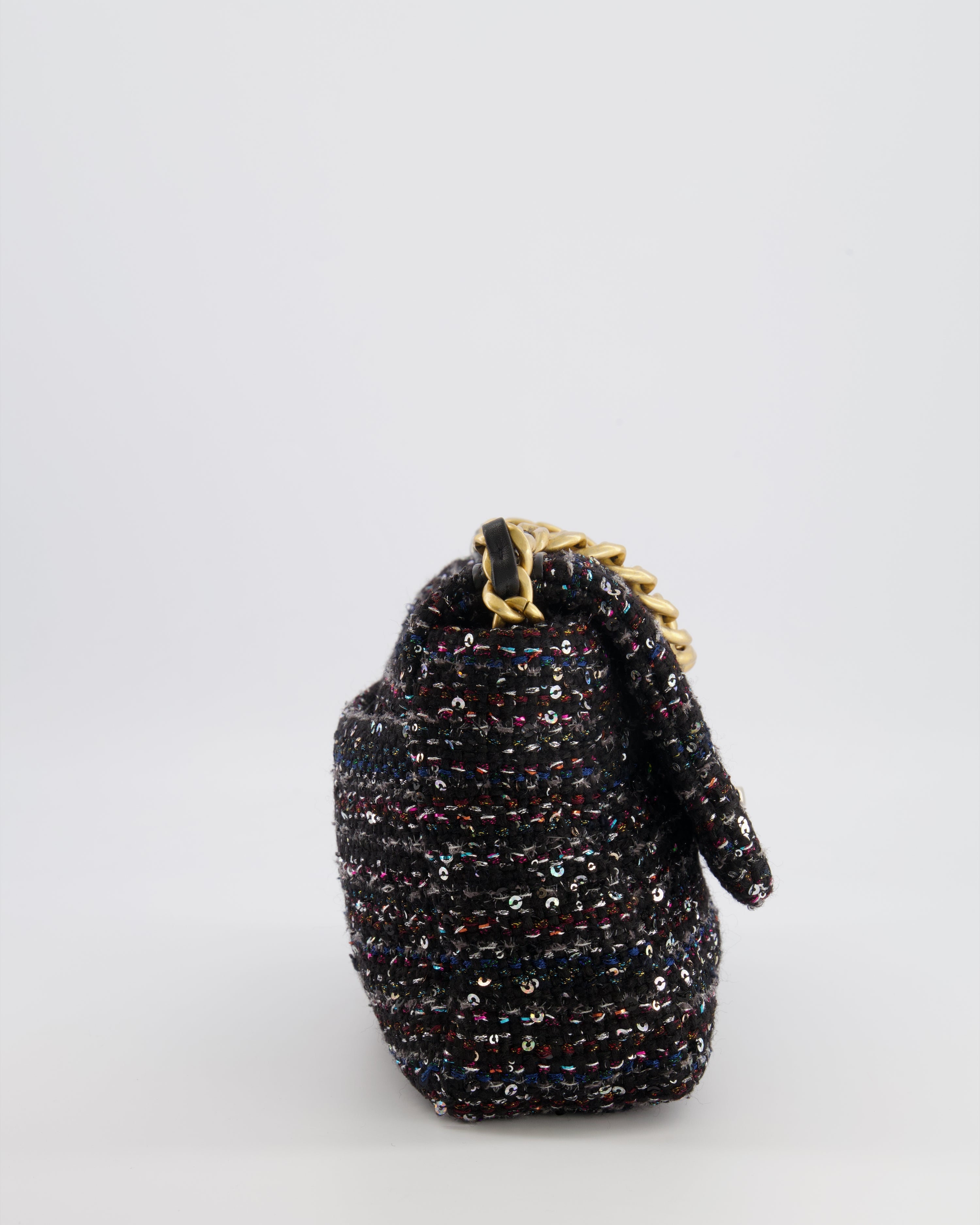 Chanel Small 19 Flap Bag in Black Tweed and Multicolour Sequins with Mixed Hardware