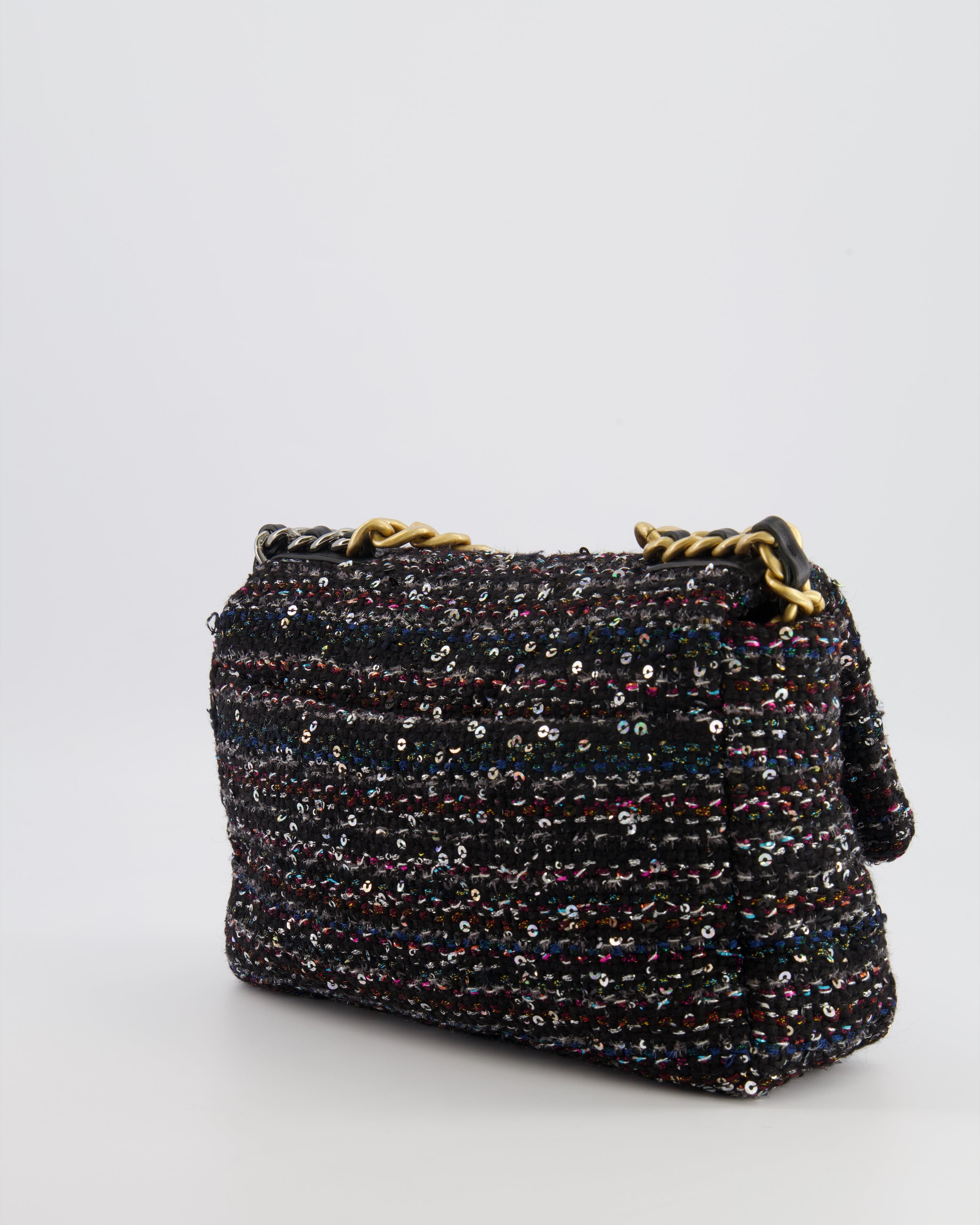 Chanel Small 19 Flap Bag in Black Tweed and Multicolour Sequins with Mixed Hardware