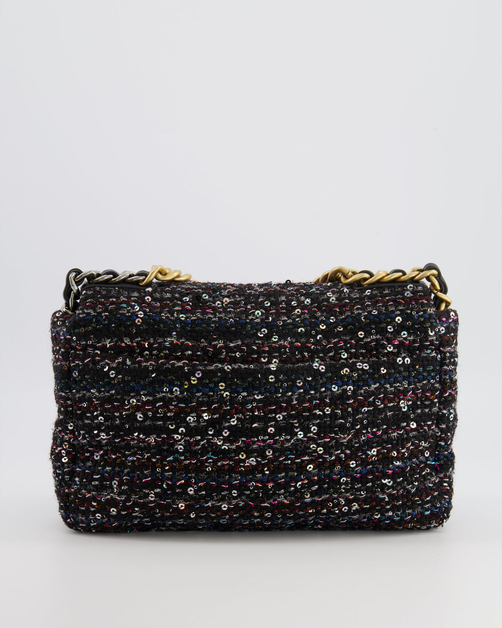 Chanel Small 19 Flap Bag in Black Tweed and Multicolour Sequins with Mixed Hardware