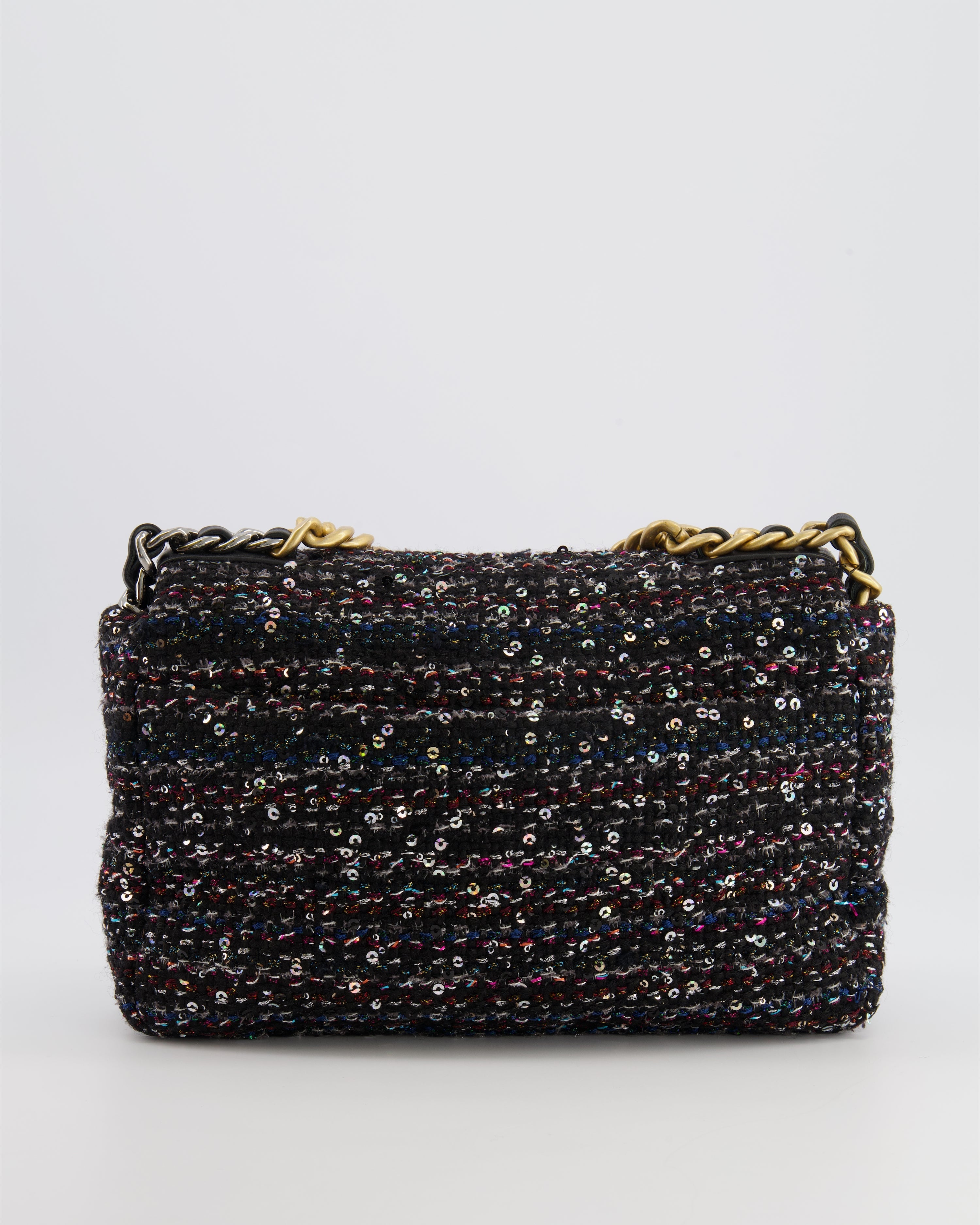 Chanel Small 19 Flap Bag in Black Tweed and Multicolour Sequins with Mixed Hardware