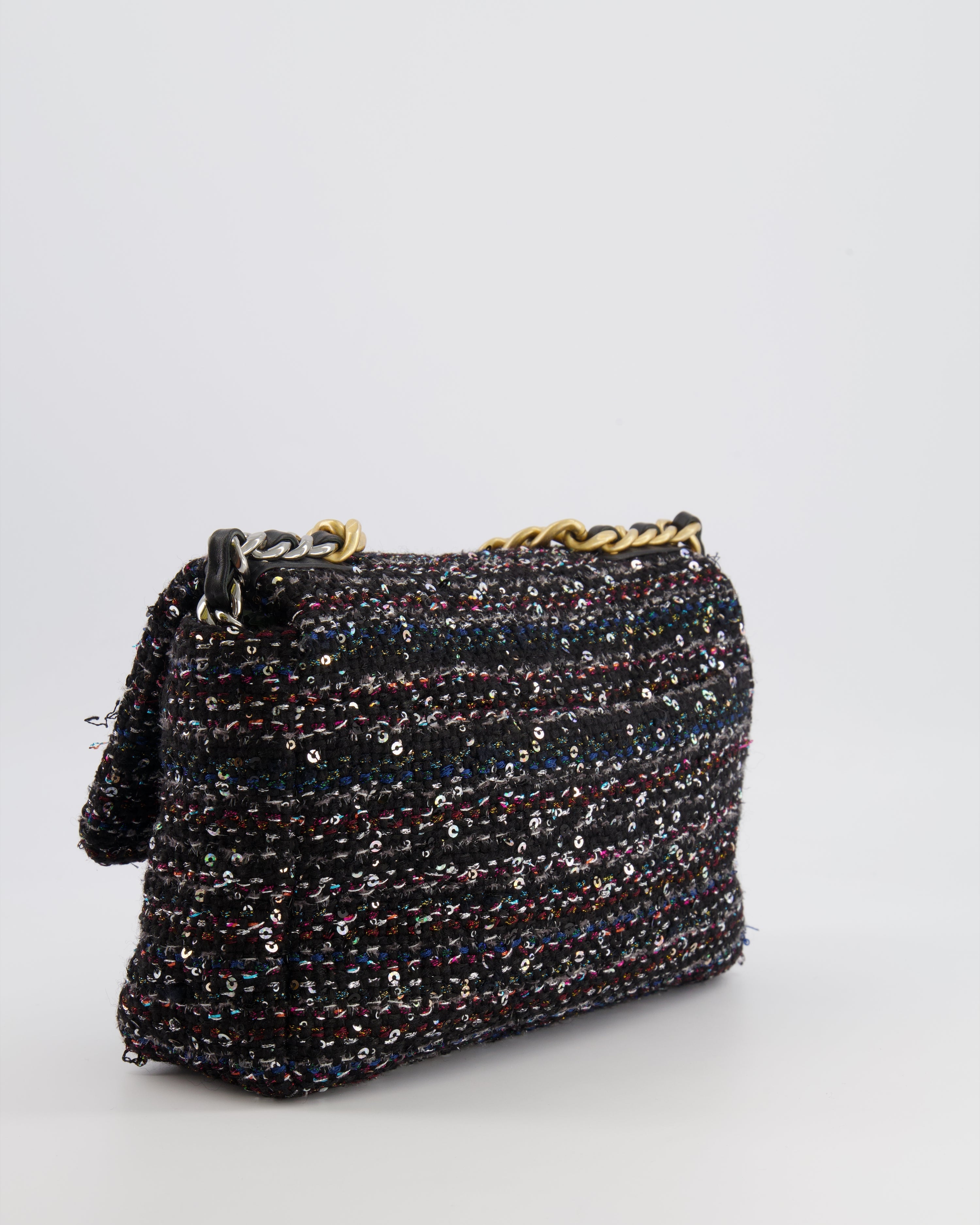 Chanel Small 19 Flap Bag in Black Tweed and Multicolour Sequins with Mixed Hardware