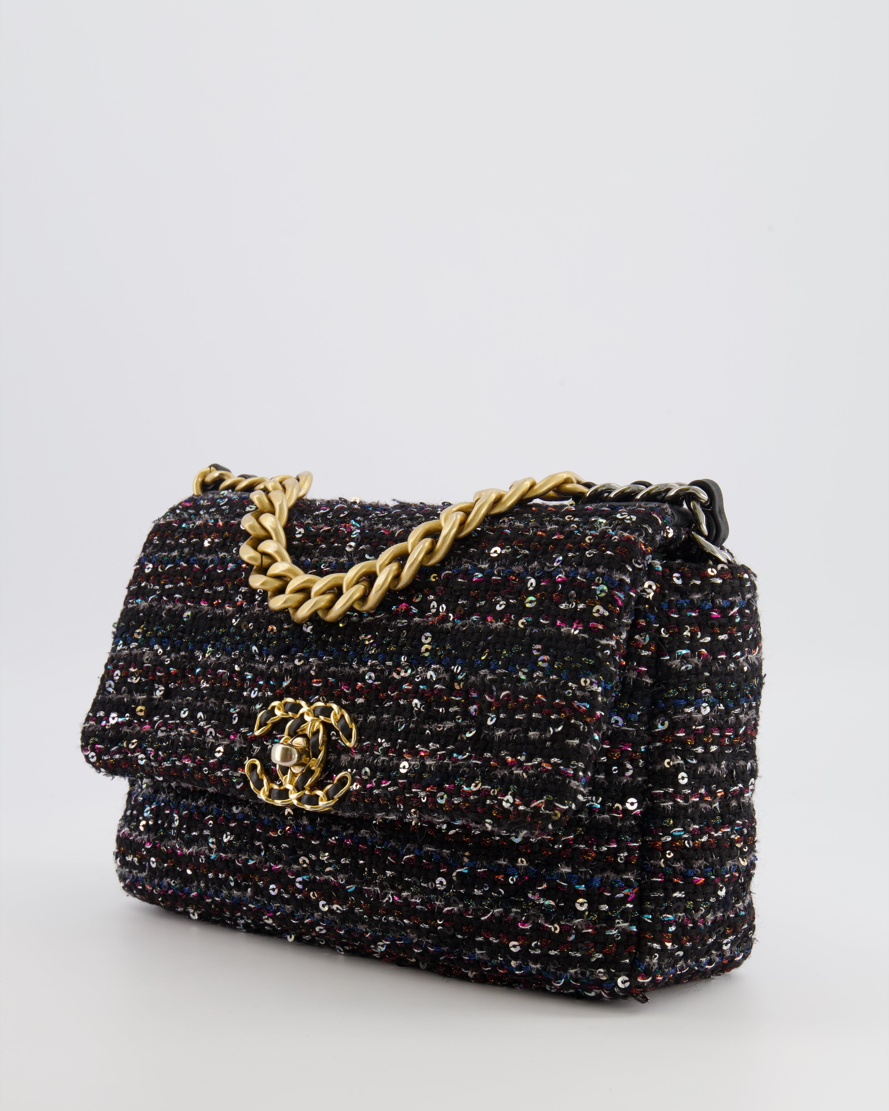 Chanel Small 19 Flap Bag in Black Tweed and Multicolour Sequins with Mixed Hardware