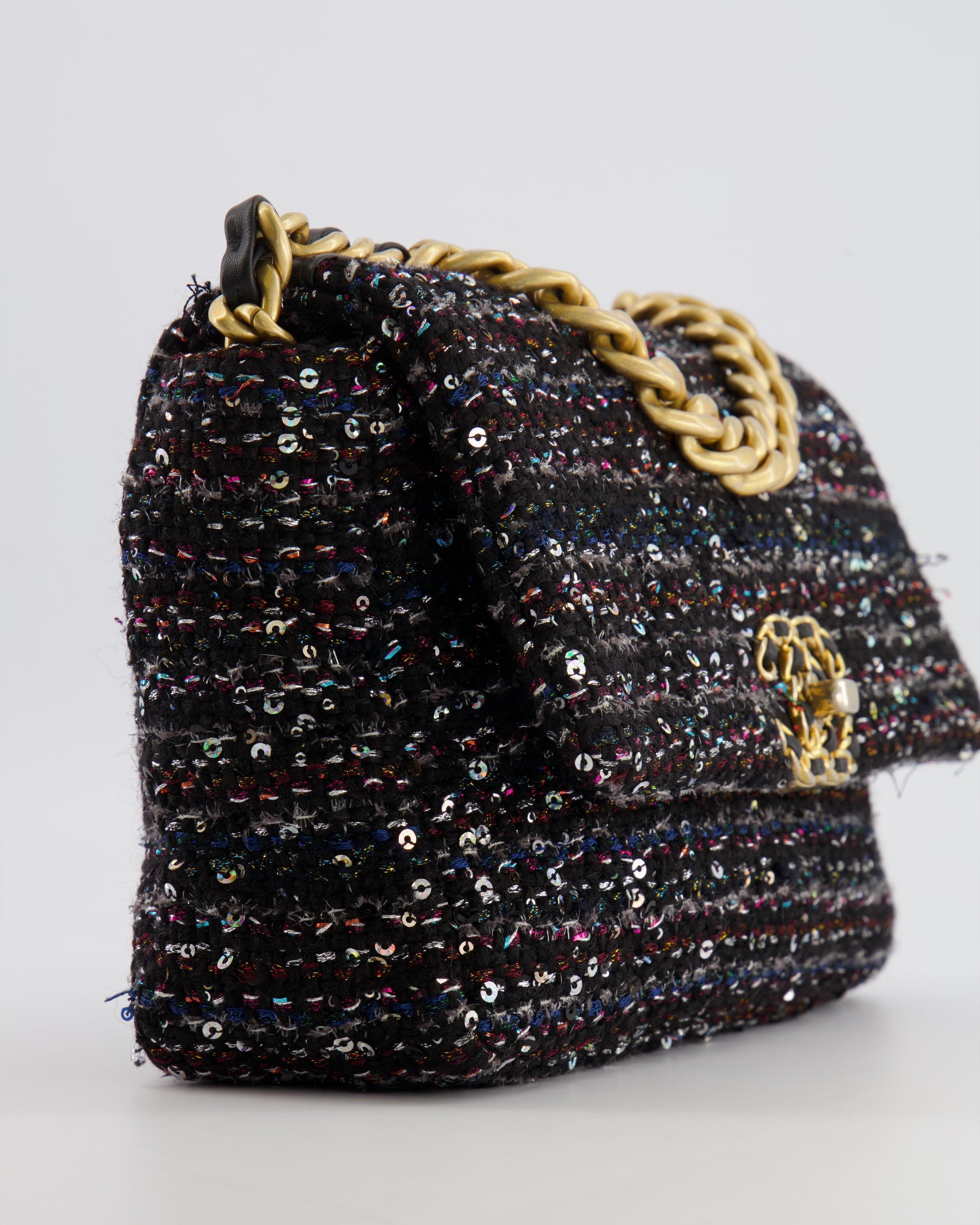 Chanel Small 19 Flap Bag in Black Tweed and Multicolour Sequins with Mixed Hardware
