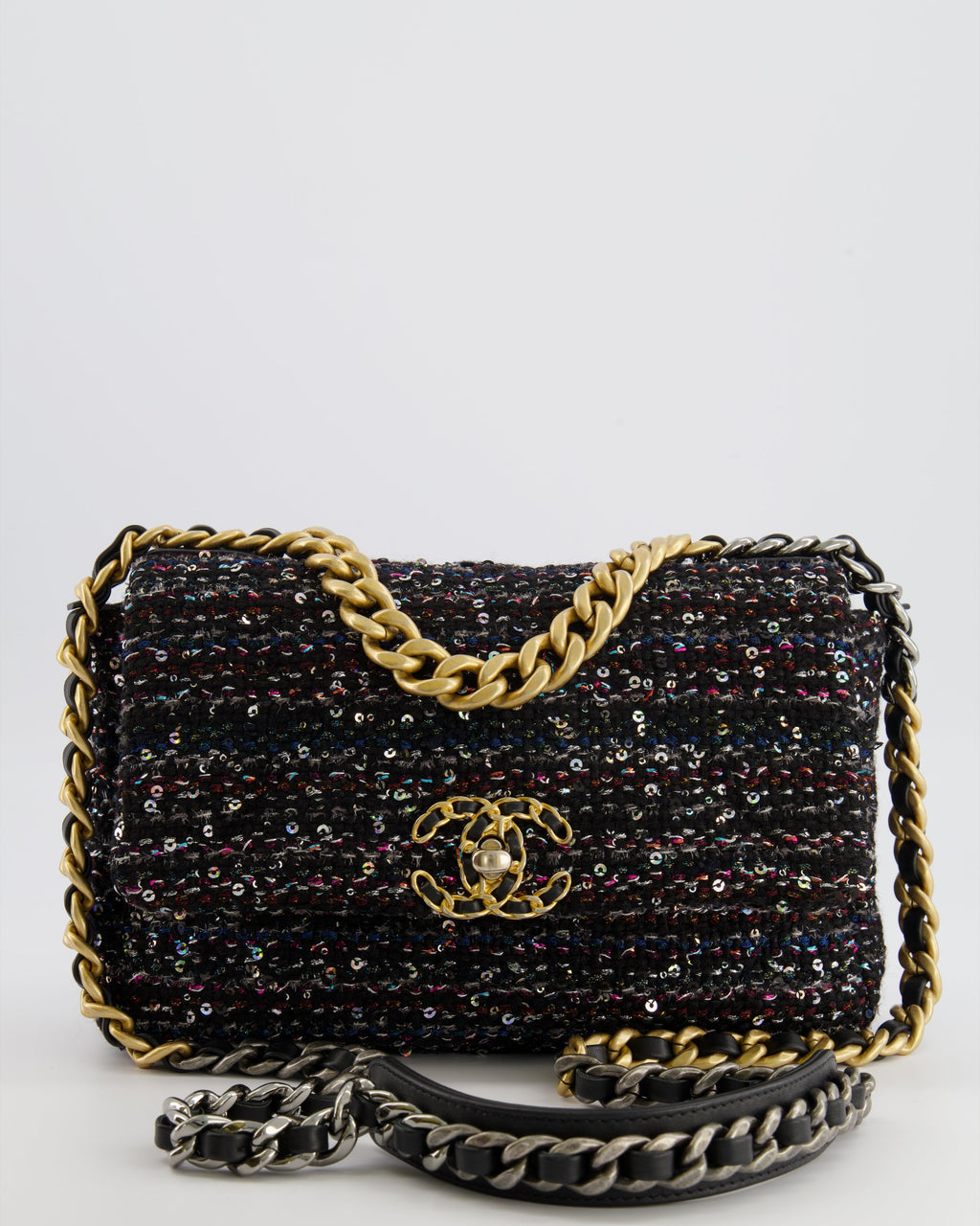 Chanel Small 19 Flap Bag in Black Tweed and Multicolour Sequins with Mixed Hardware