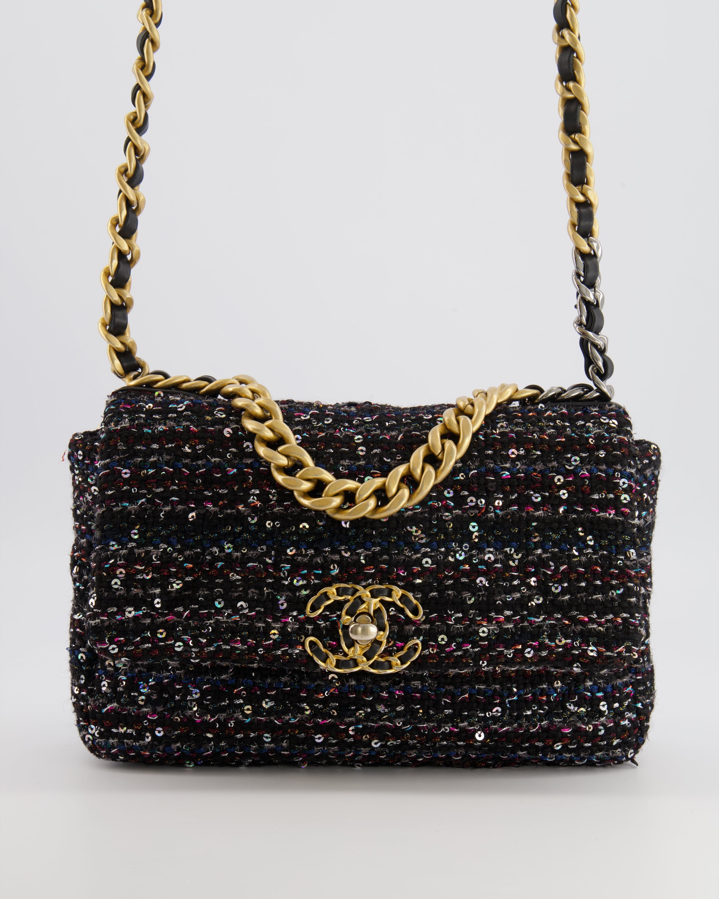 Chanel Small 19 Flap Bag in Black Tweed and Multicolour Sequins with Mixed Hardware