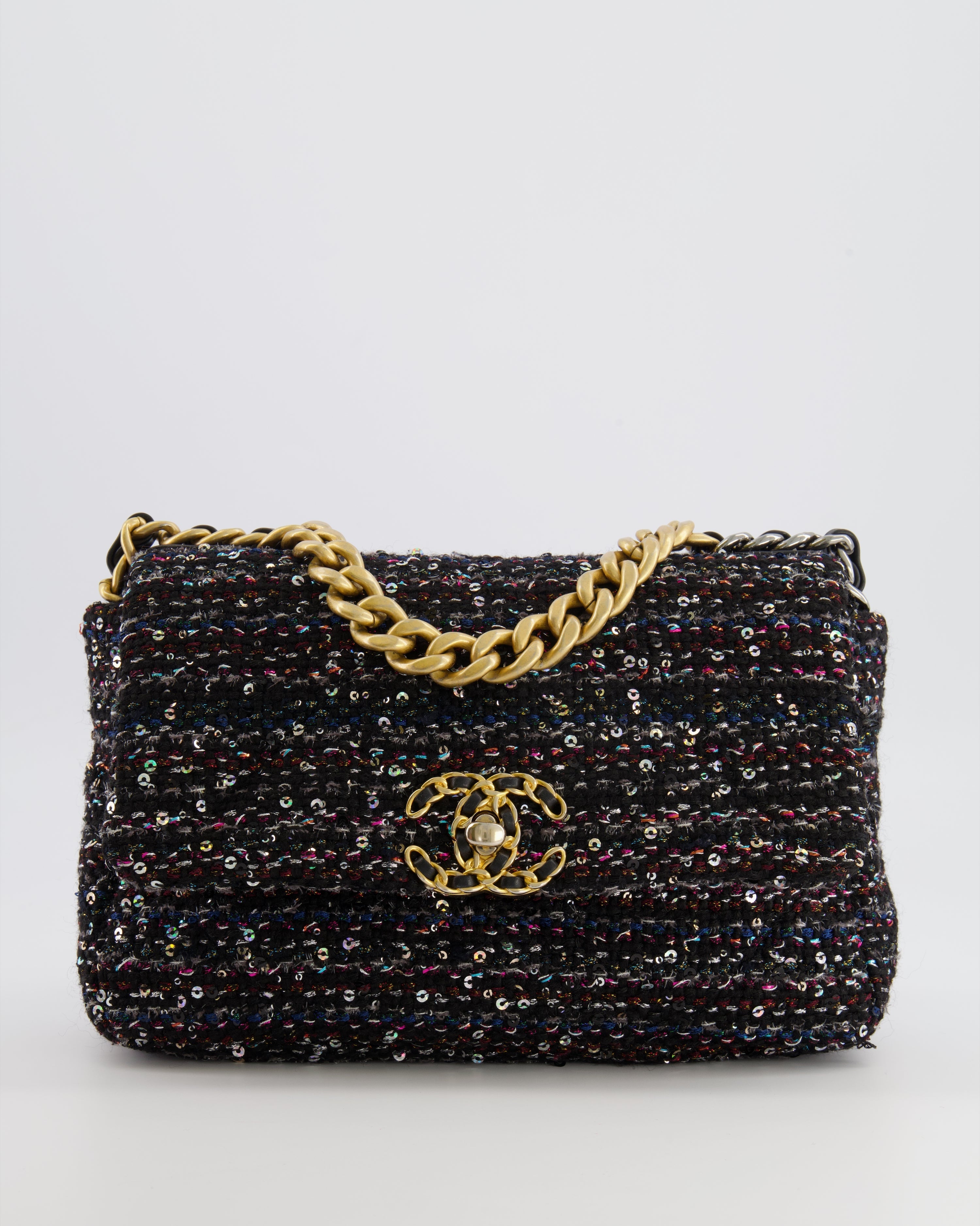Chanel Small 19 Flap Bag in Black Tweed and Multicolour Sequins with Mixed Hardware