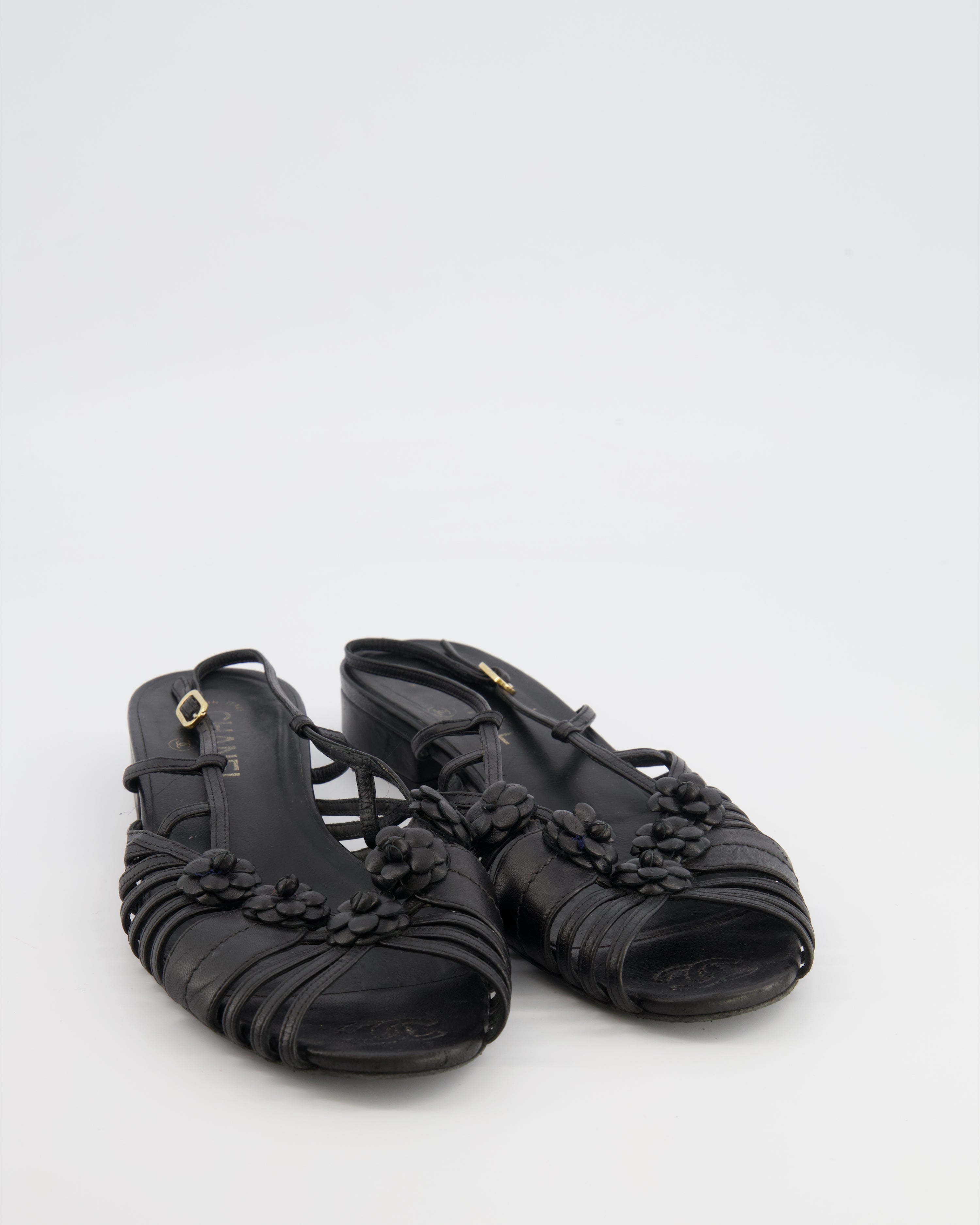 Chanel Black Leather Slingback Sandals with Camelias Appliqué and Gold CC Logo Details Size EU 41