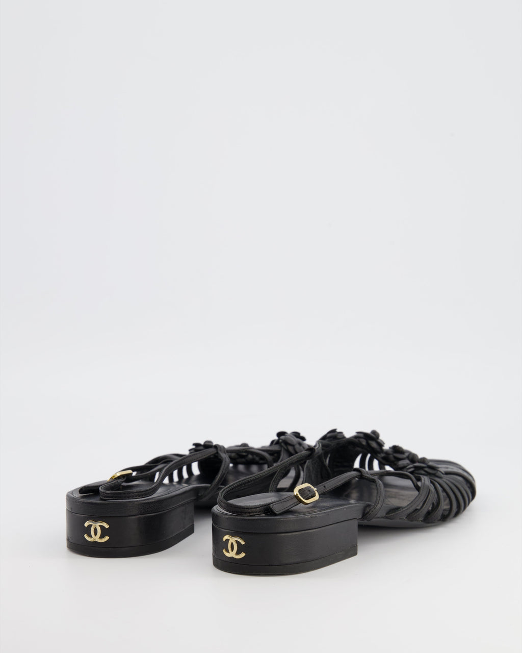 Chanel Black Leather Slingback Sandals with Camelias Appliqué and Gold CC Logo Details Size EU 41