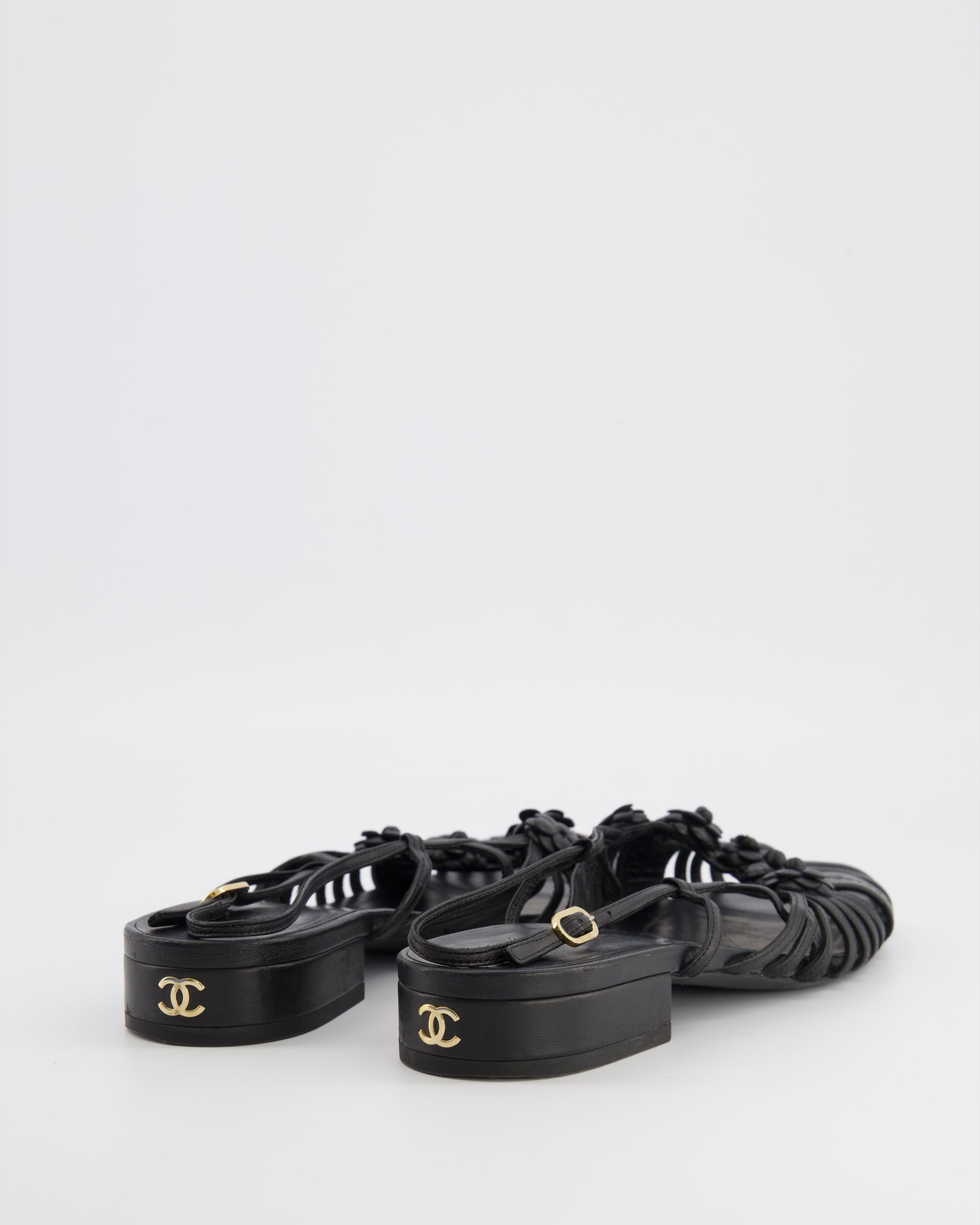 Chanel Black Leather Slingback Sandals with Camelias Appliqué and Gold CC Logo Details Size EU 41