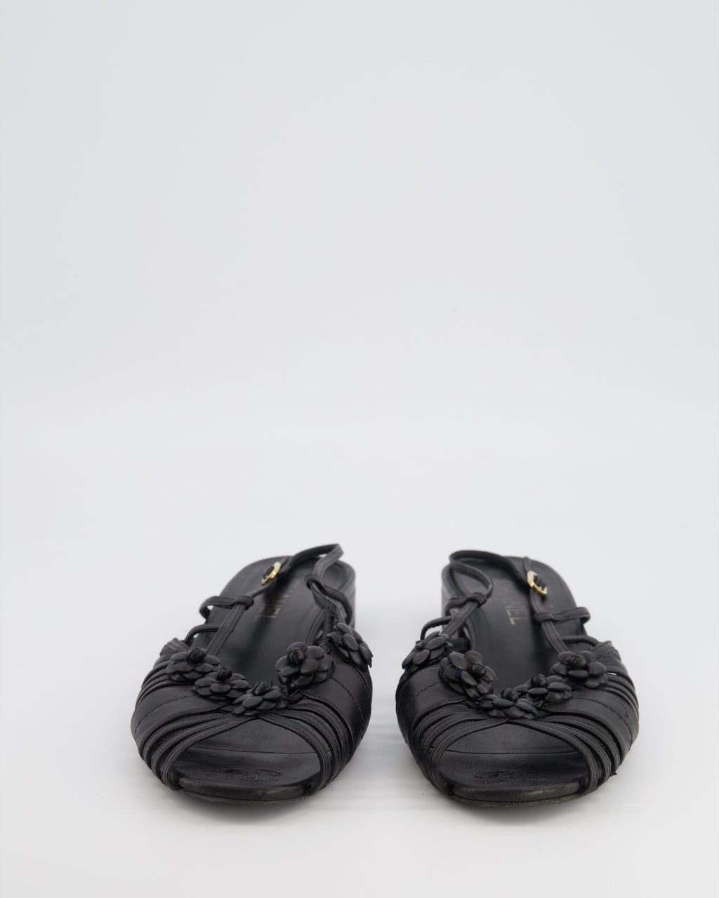 Chanel Black Leather Slingback Sandals with Camelias Appliqué and Gold CC Logo Details Size EU 41