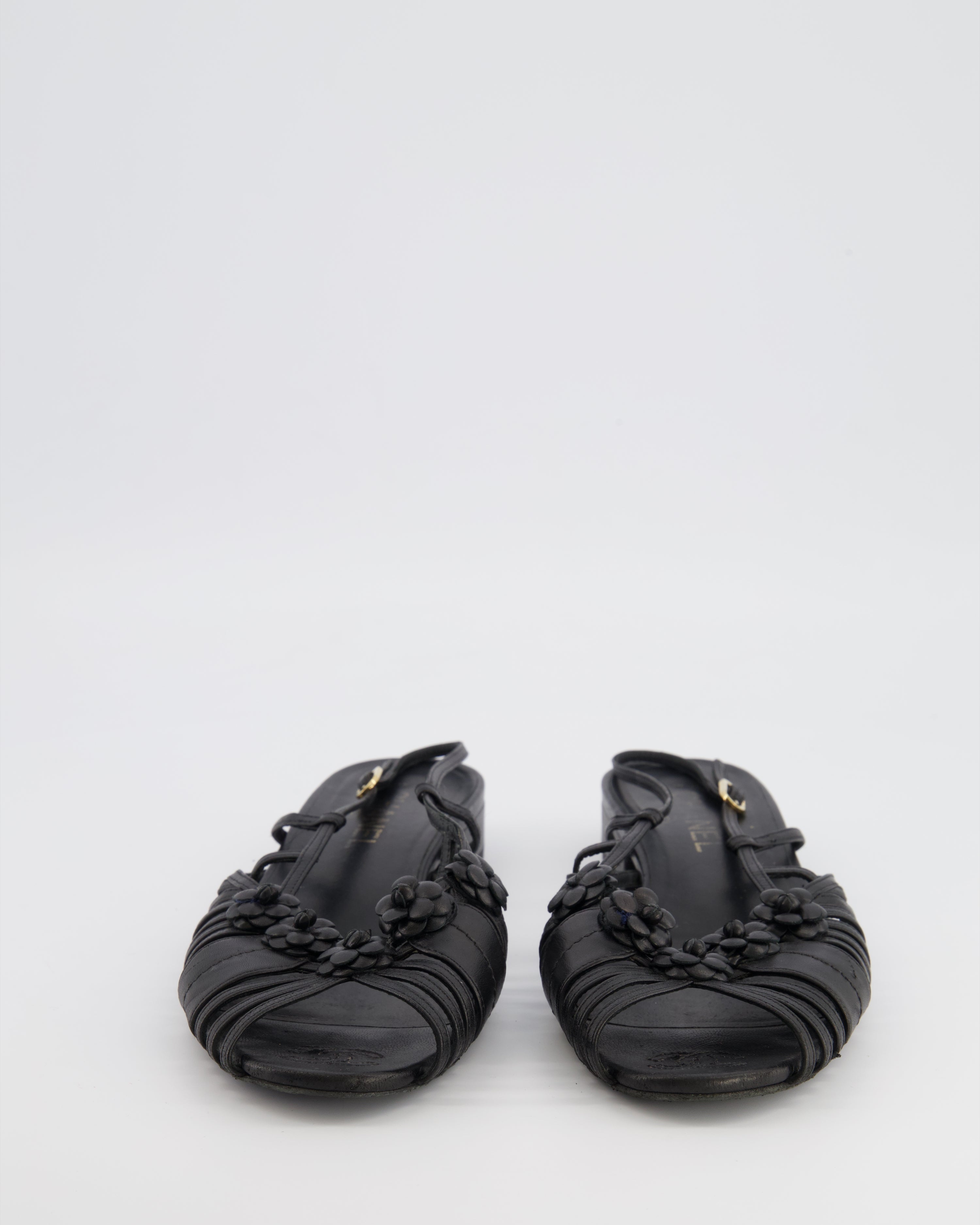 Chanel Black Leather Slingback Sandals with Camelias Appliqué and Gold CC Logo Details Size EU 41