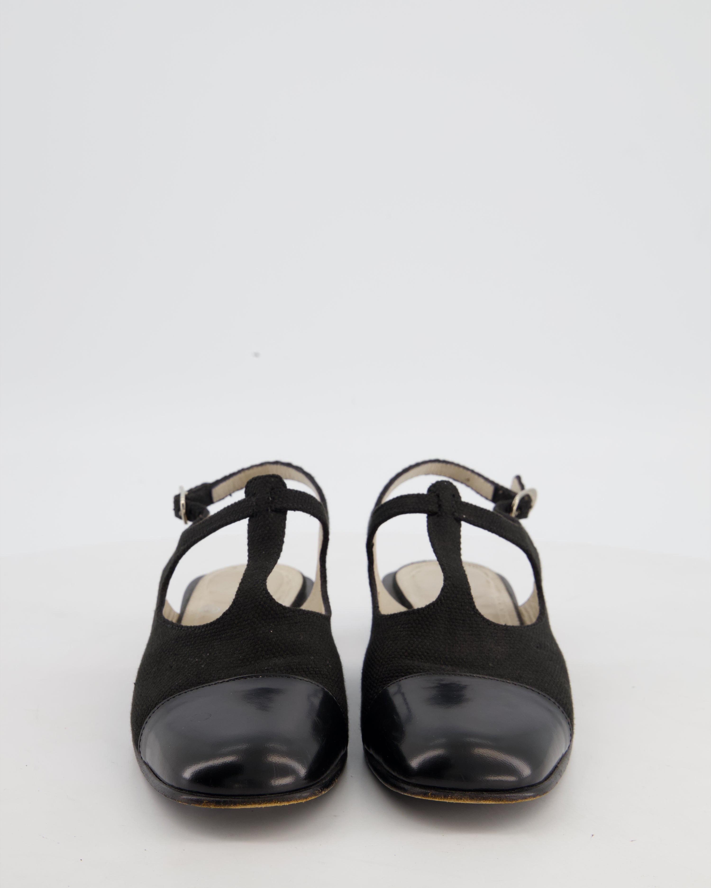 Chanel Mary Jane Slingback in Black Canvas with Black Leather Toe Size EU 39