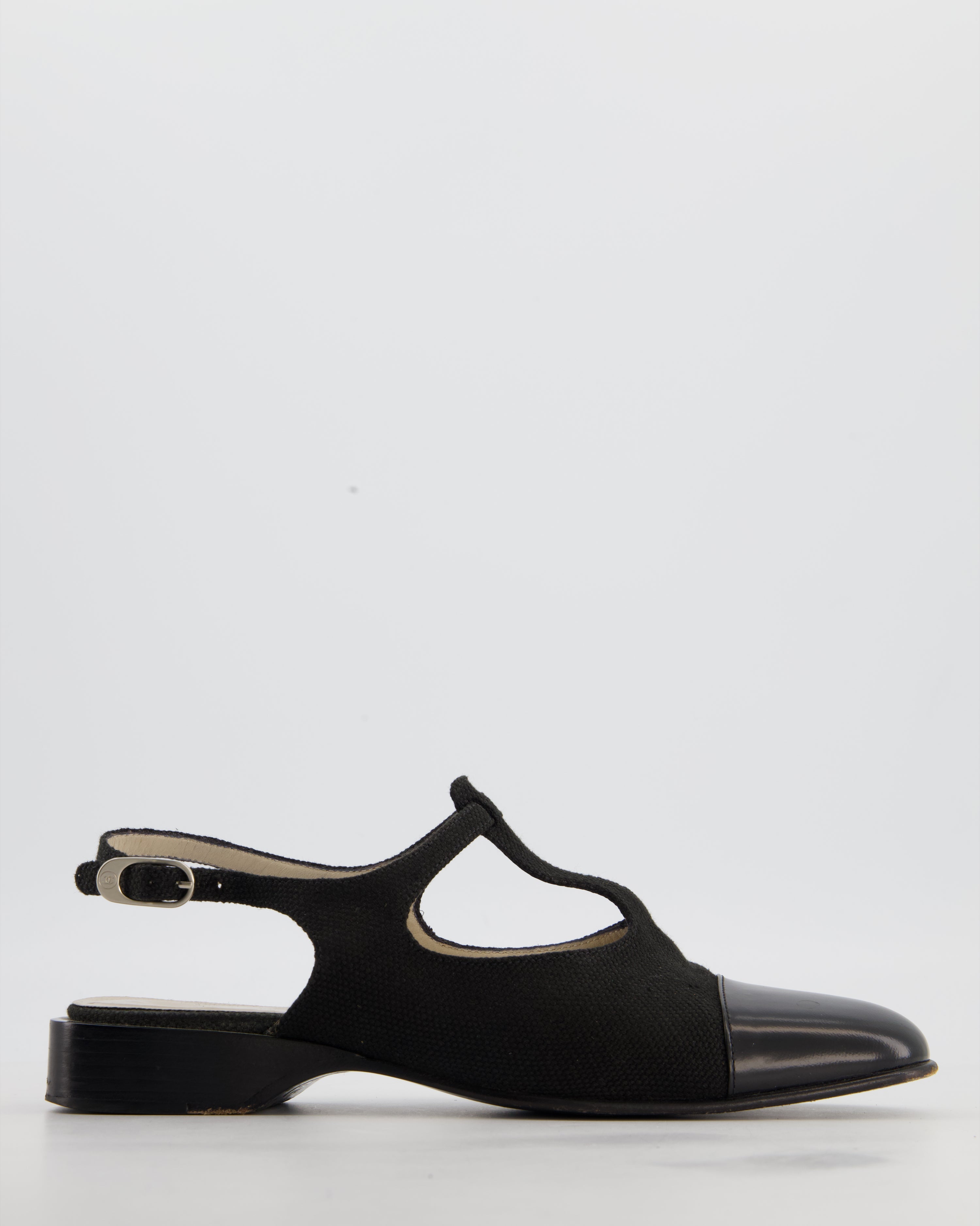 Chanel Mary Jane Slingback in Black Canvas with Black Leather Toe Size EU 39