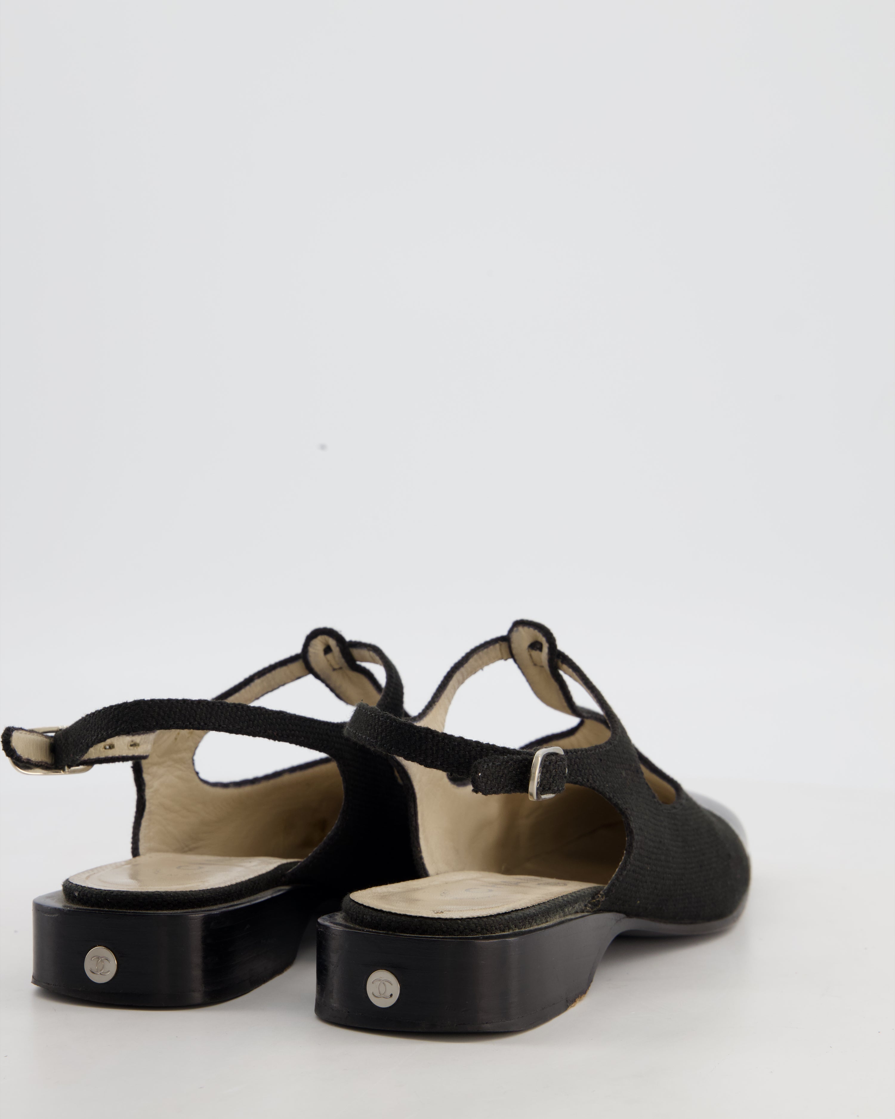 Chanel Mary Jane Slingback in Black Canvas with Black Leather Toe Size EU 39