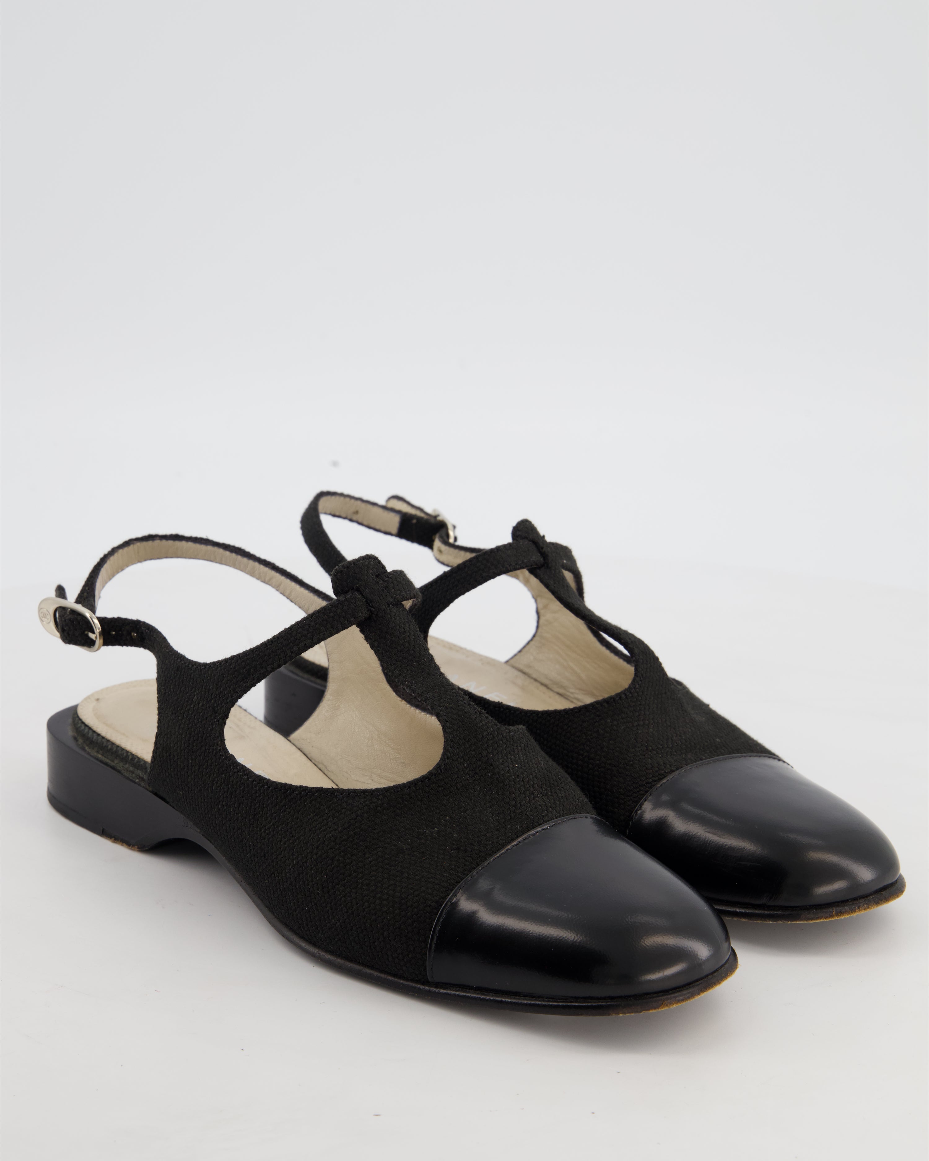 Chanel Mary Jane Slingback in Black Canvas with Black Leather Toe Size EU 39