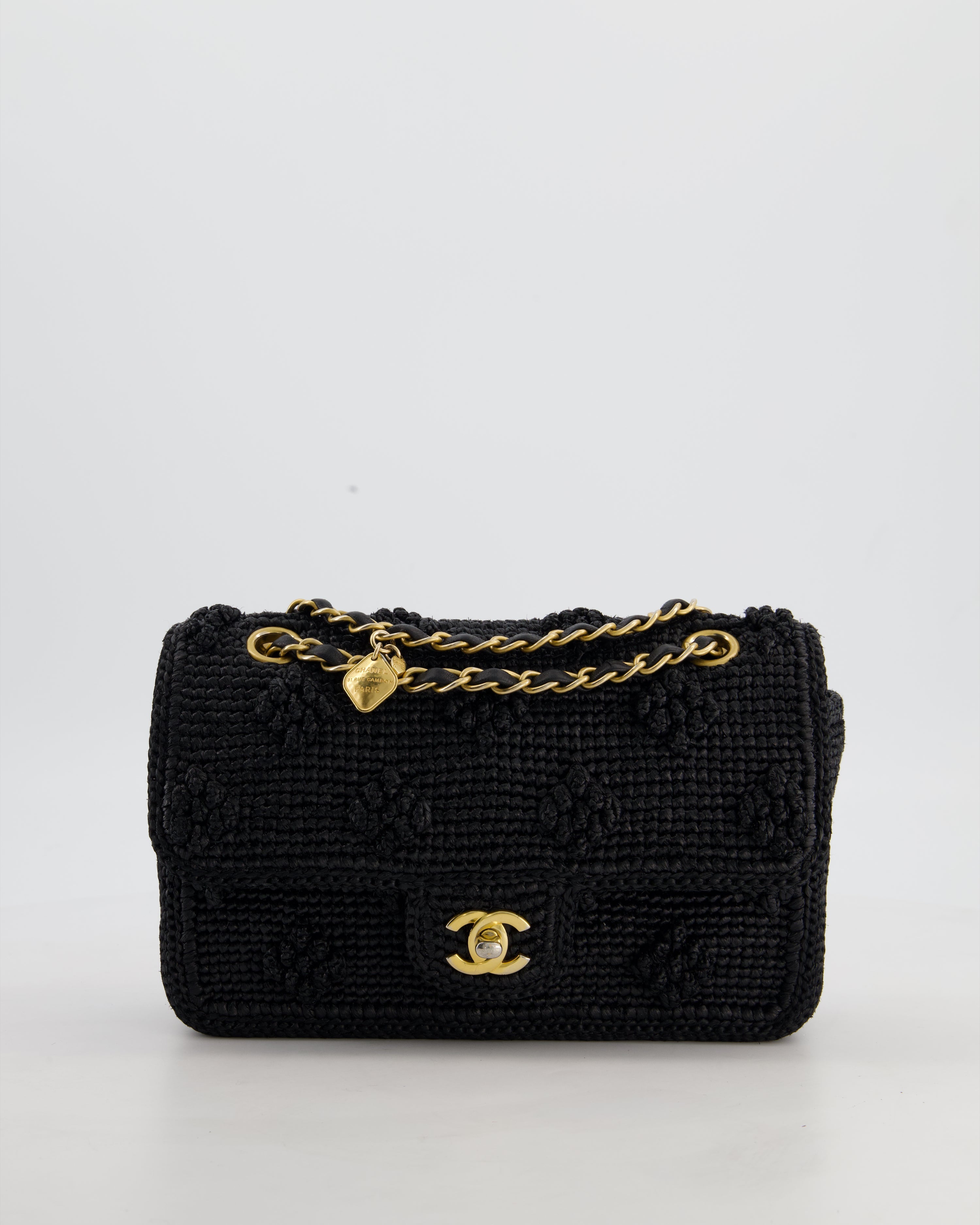 *HOT* Chanel Black Crocheted Raffia Small Single Flap Cross-Body Bag with Antique Gold Hardware