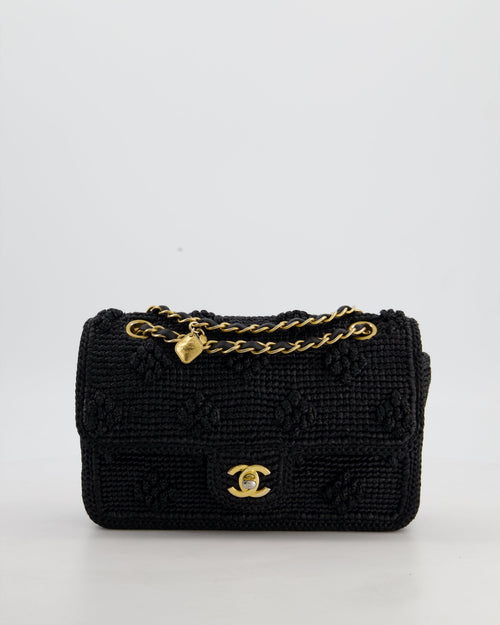 *HOT* Chanel Black Crocheted Raffia Small Single Flap Cross-Body Bag with Antique Gold Hardware