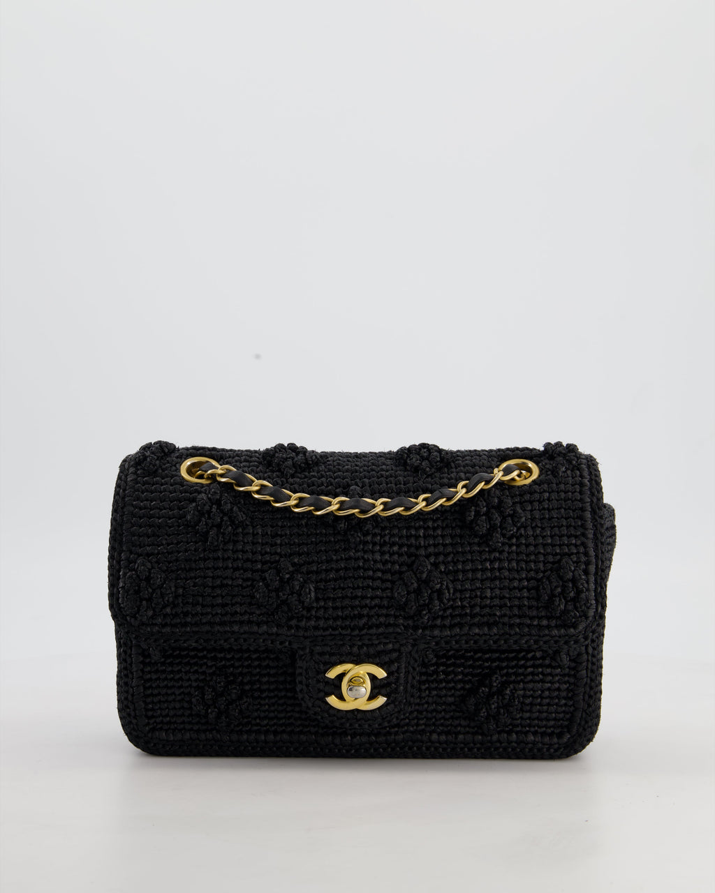 *HOT* Chanel Black Crocheted Raffia Small Single Flap Cross-Body Bag with Antique Gold Hardware