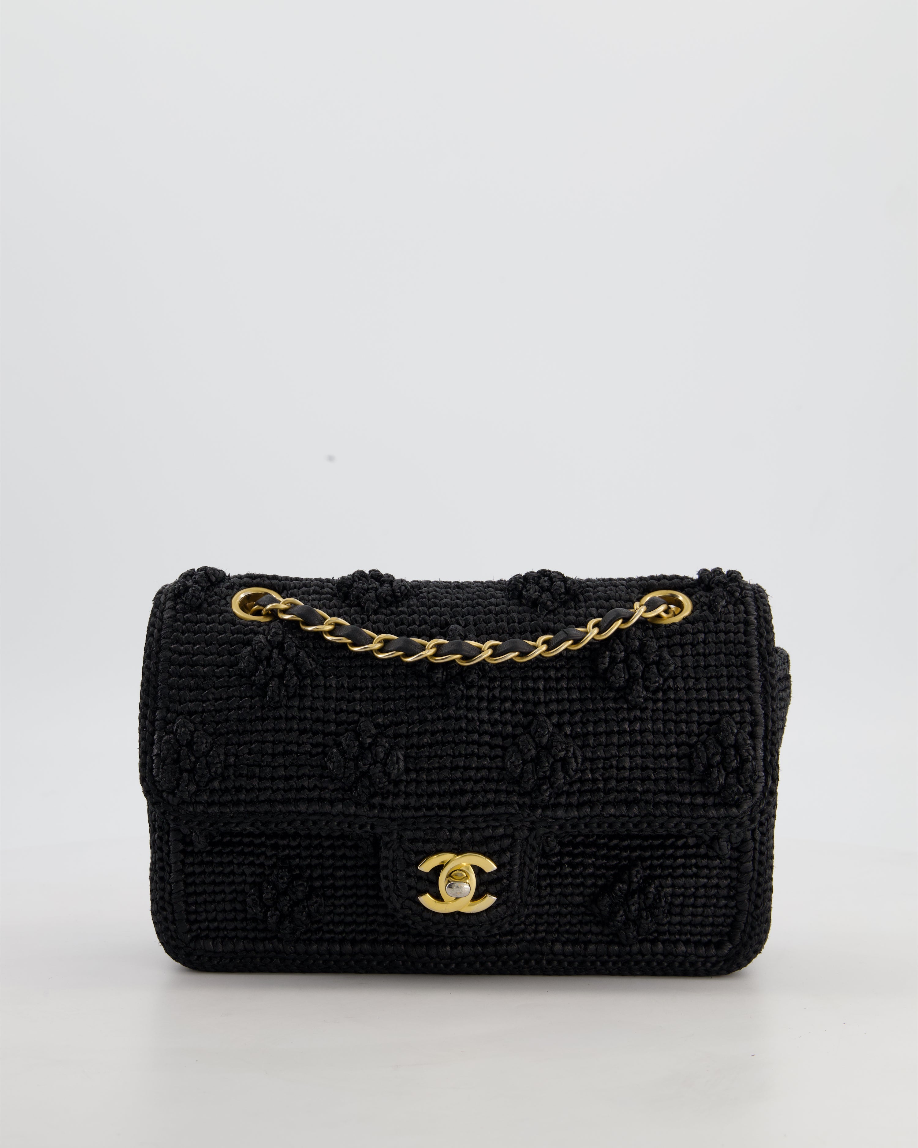 *HOT* Chanel Black Crocheted Raffia Small Single Flap Cross-Body Bag with Antique Gold Hardware