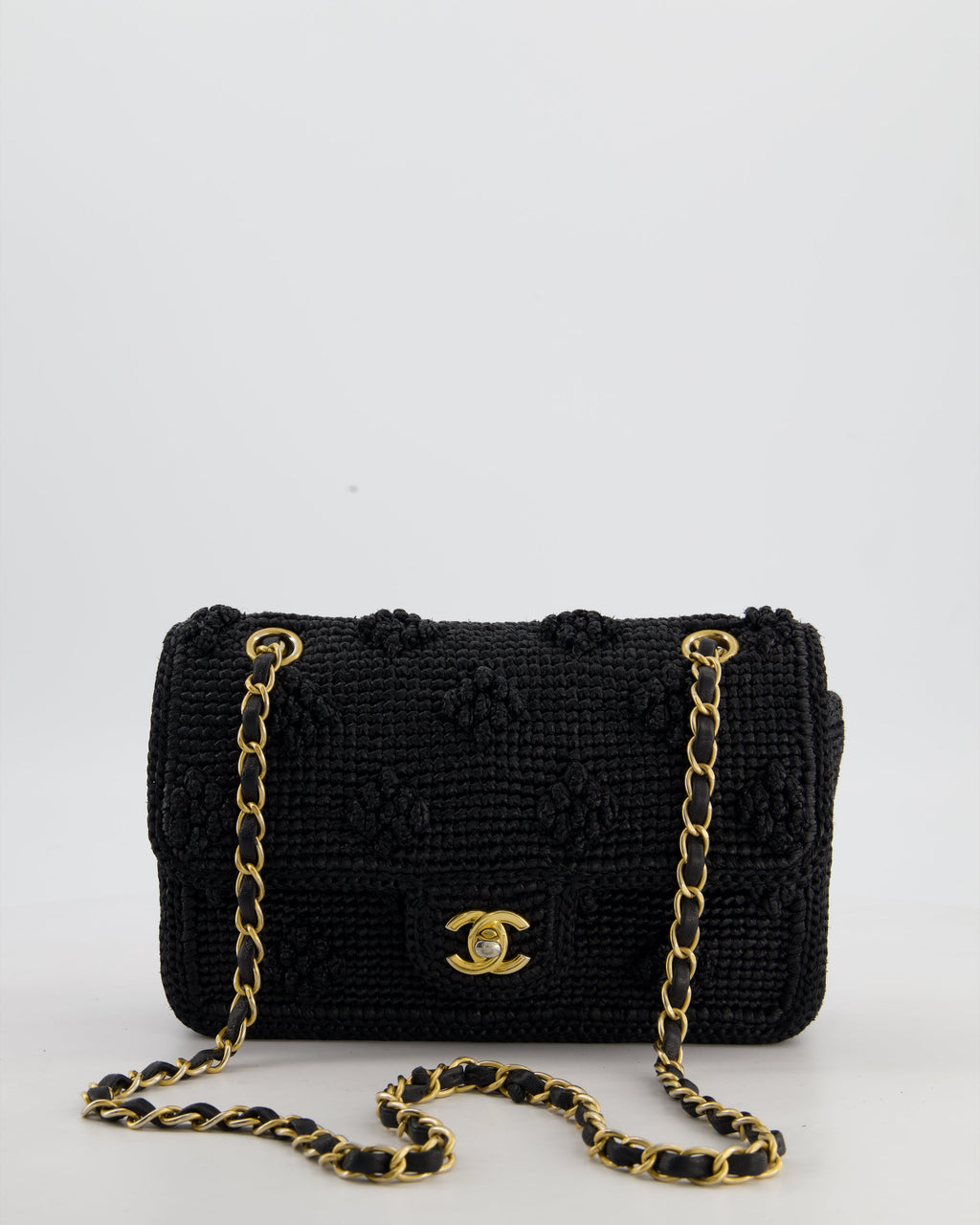 *HOT* Chanel Black Crocheted Raffia Small Single Flap Cross-Body Bag with Antique Gold Hardware