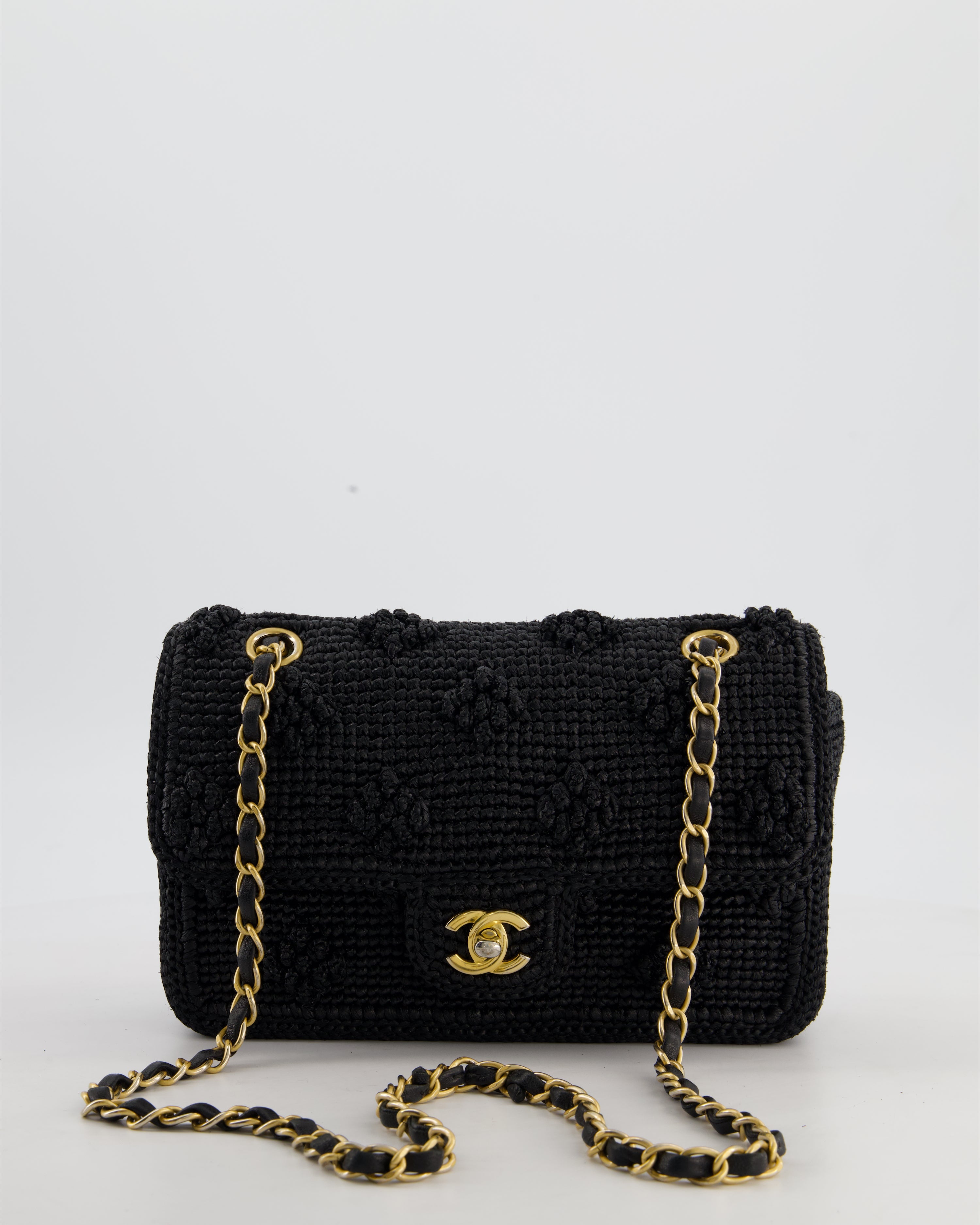 *HOT* Chanel Black Crocheted Raffia Small Single Flap Cross-Body Bag with Antique Gold Hardware