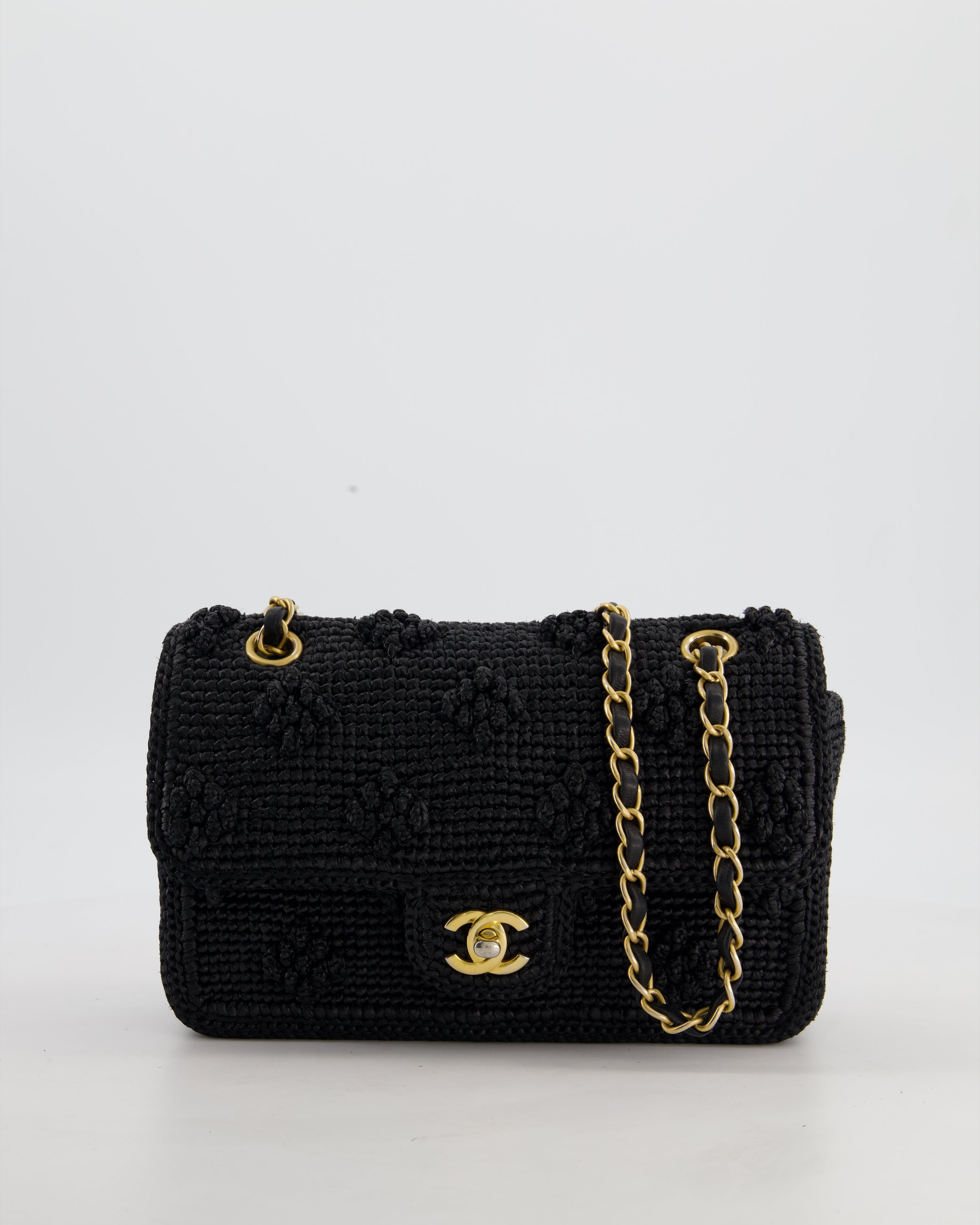 *HOT* Chanel Black Crocheted Raffia Small Single Flap Cross-Body Bag with Antique Gold Hardware