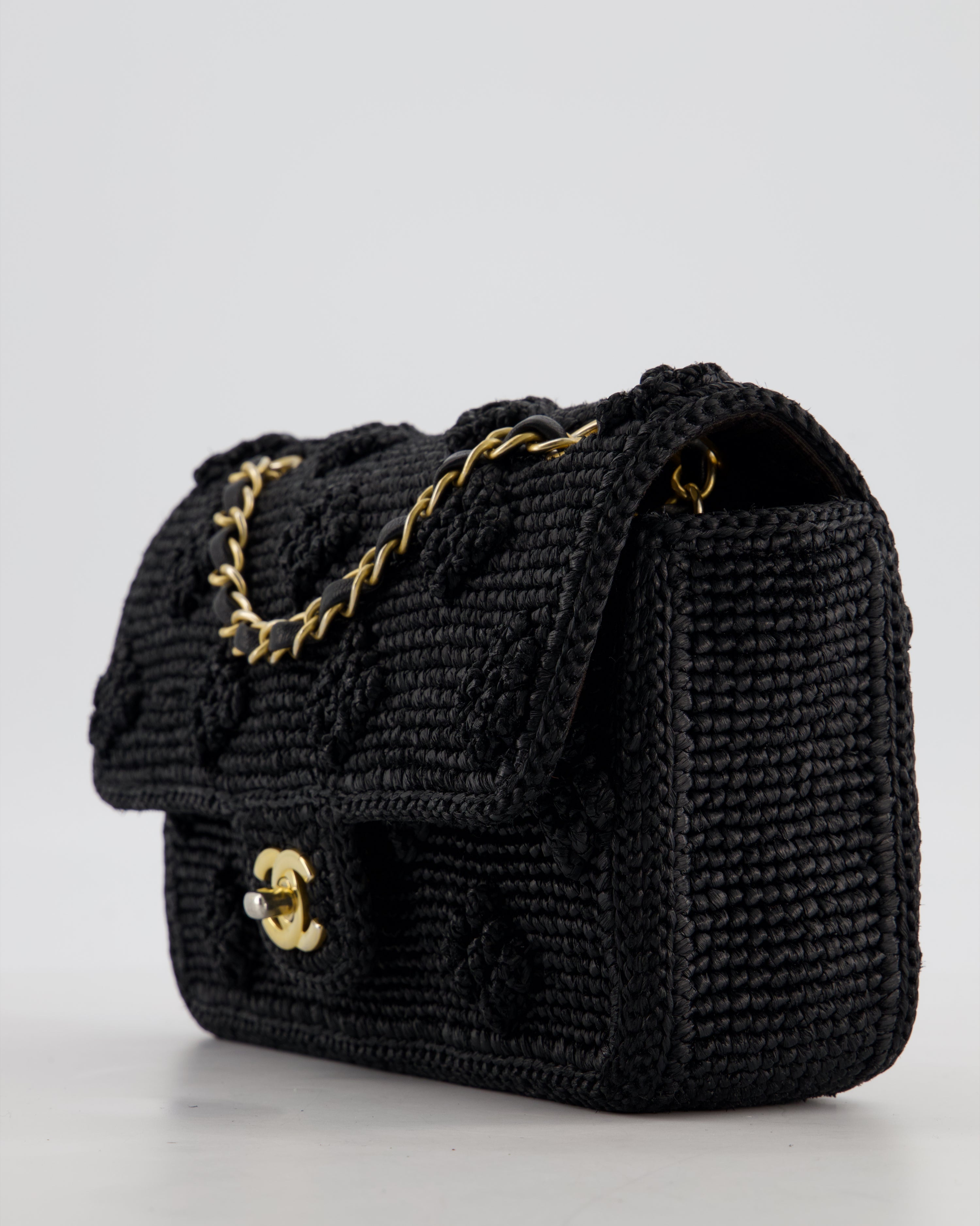 *HOT* Chanel Black Crocheted Raffia Small Single Flap Cross-Body Bag with Antique Gold Hardware