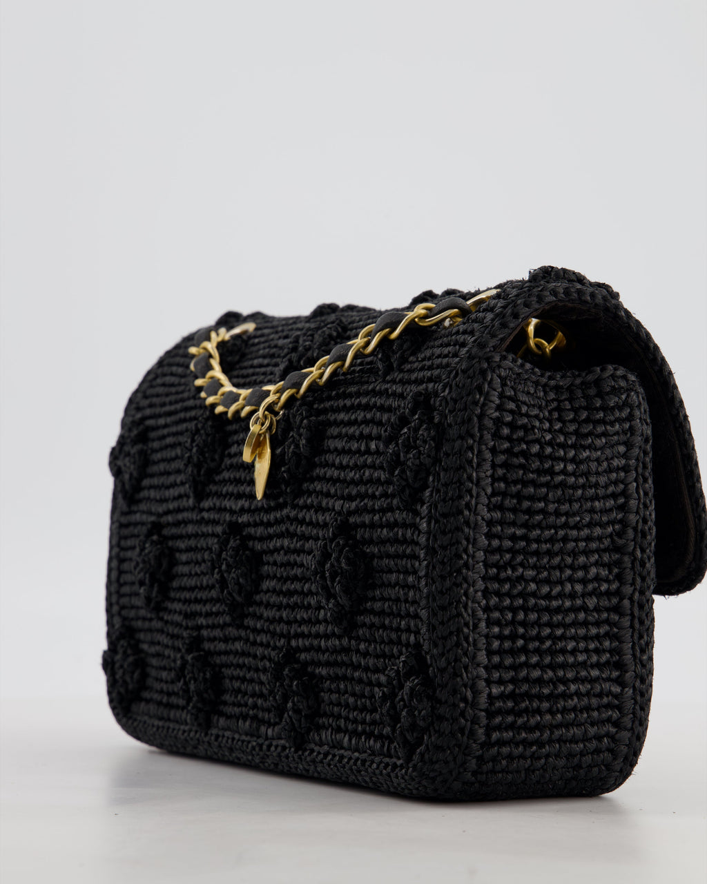 *HOT* Chanel Black Crocheted Raffia Small Single Flap Cross-Body Bag with Antique Gold Hardware