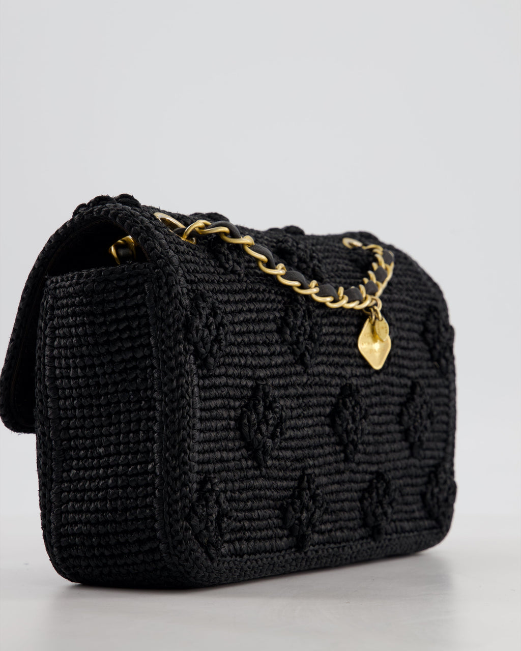 *HOT* Chanel Black Crocheted Raffia Small Single Flap Cross-Body Bag with Antique Gold Hardware