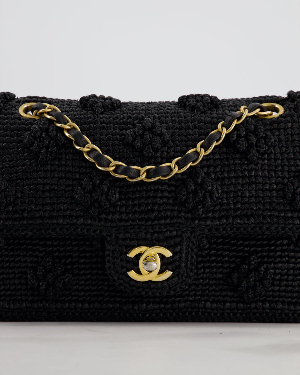 *HOT* Chanel Black Crocheted Raffia Small Single Flap Cross-Body Bag with Antique Gold Hardware