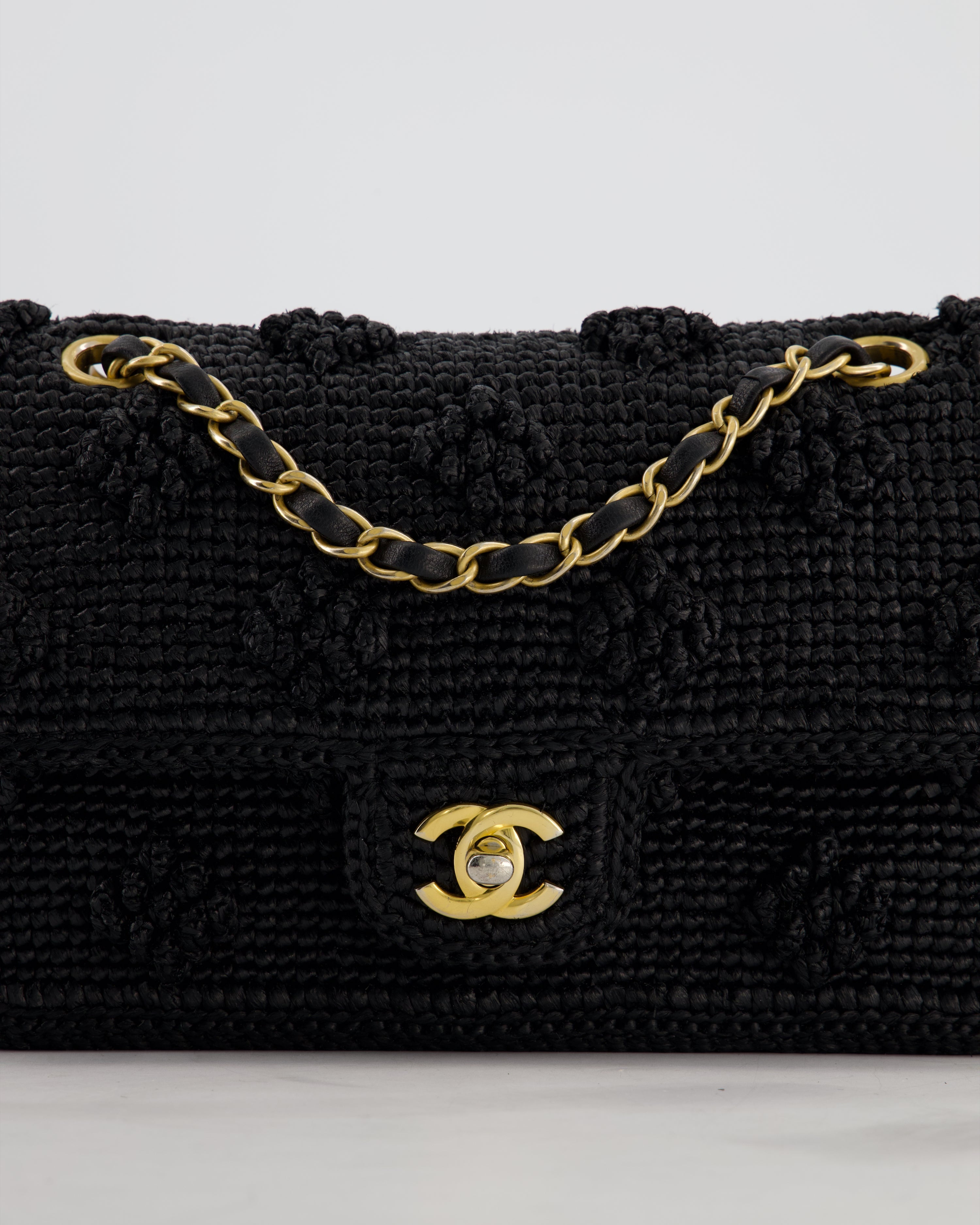 *HOT* Chanel Black Crocheted Raffia Small Single Flap Cross-Body Bag with Antique Gold Hardware