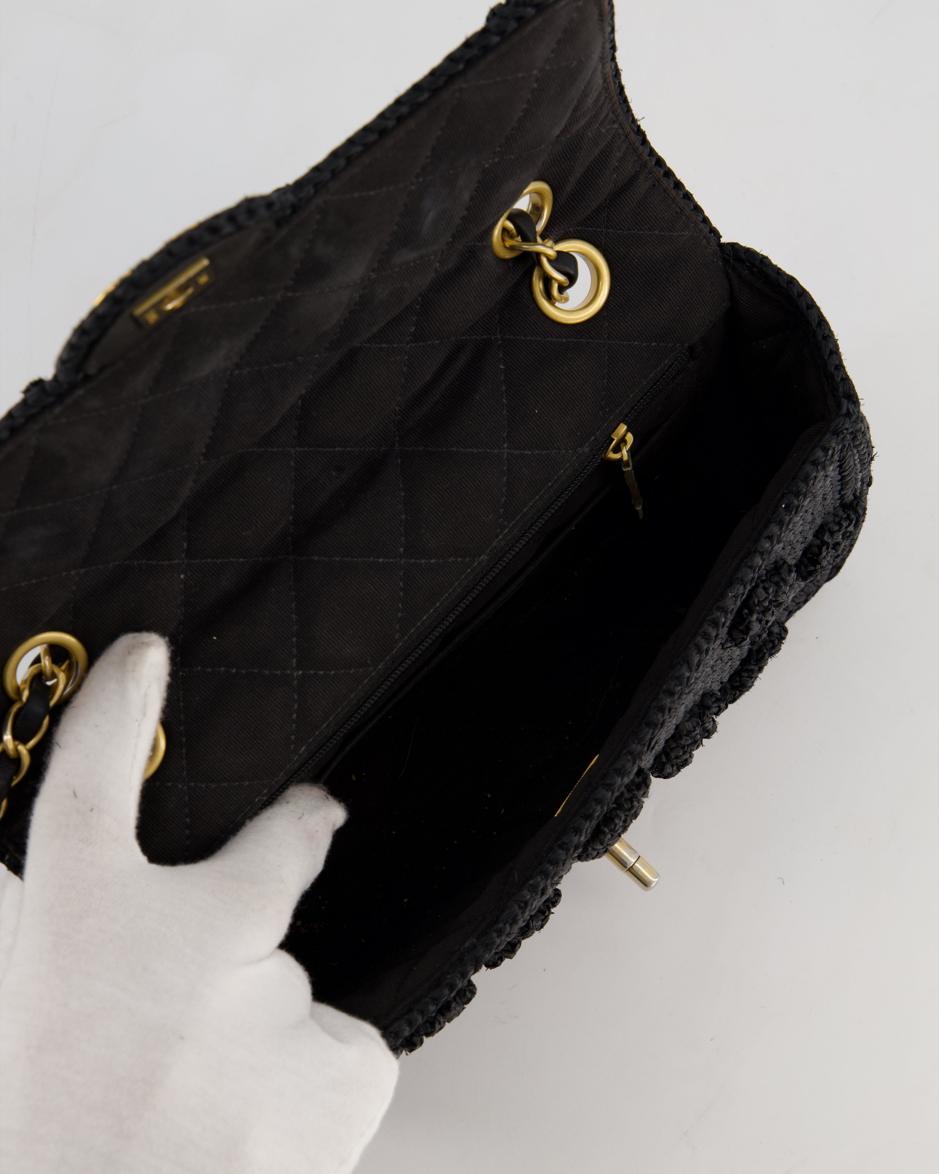 *HOT* Chanel Black Crocheted Raffia Small Single Flap Cross-Body Bag with Antique Gold Hardware
