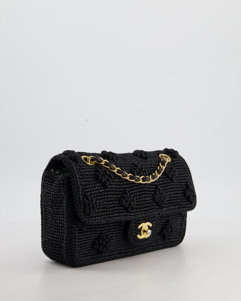 *HOT* Chanel Black Crocheted Raffia Small Single Flap Cross-Body Bag with Antique Gold Hardware