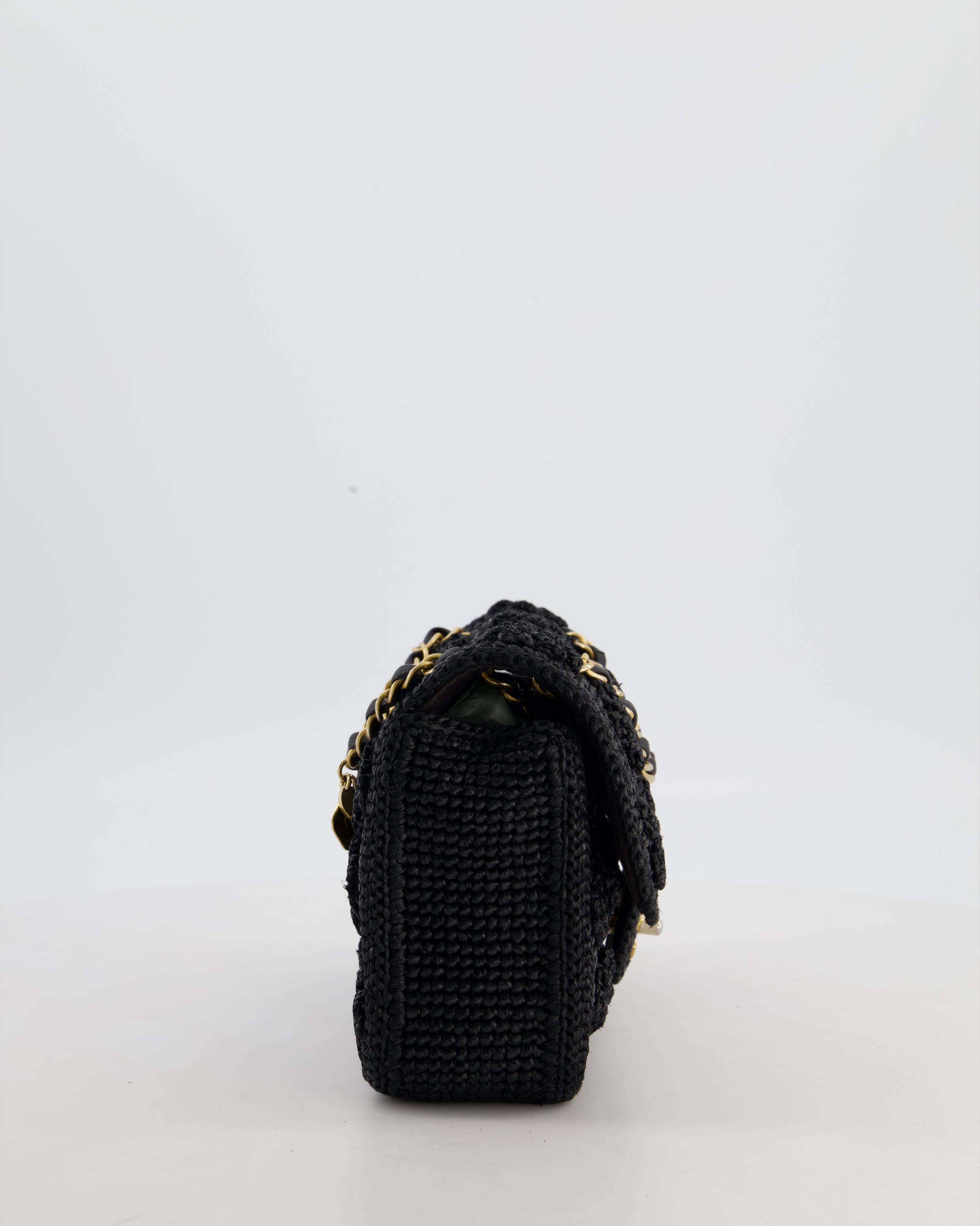 *HOT* Chanel Black Crocheted Raffia Small Single Flap Cross-Body Bag with Antique Gold Hardware